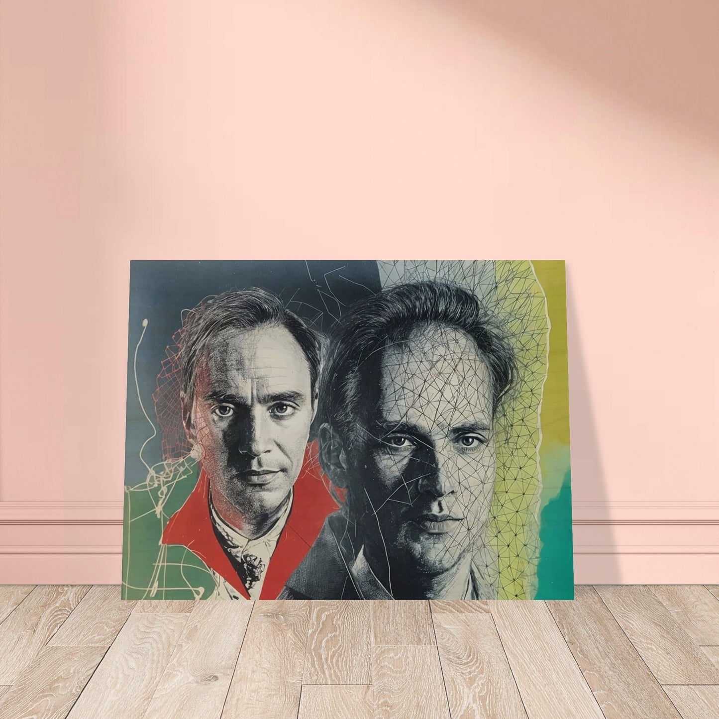 A surreal portrait featuring two faces of the same man, one with a vibrant red collar and the other interwoven with abstract lines.