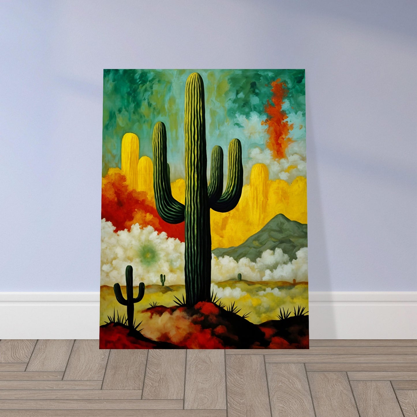 A striking painting of towering cacti set against a vivid desert sky, with swirling clouds, golden hues, and a distant mountain.