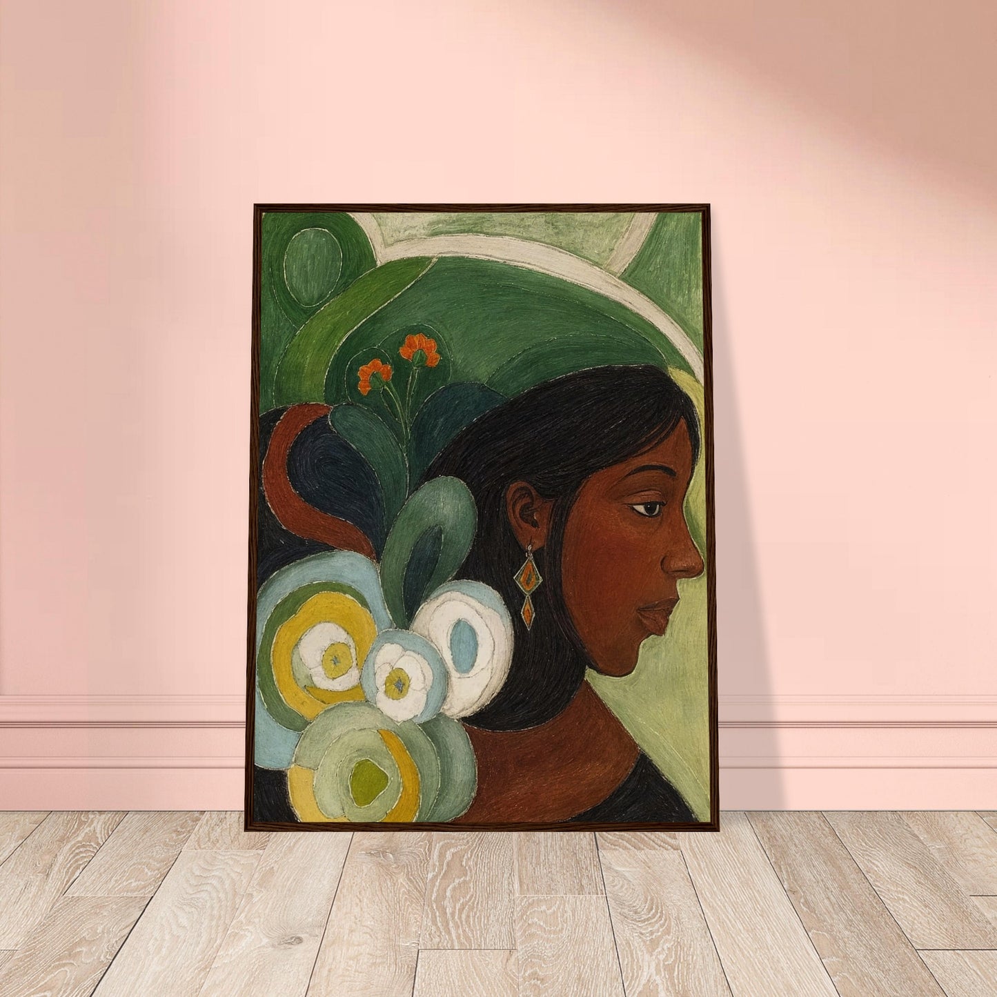 A contemplative portrait of a woman in profile, adorned with vibrant green and floral elements in the background.