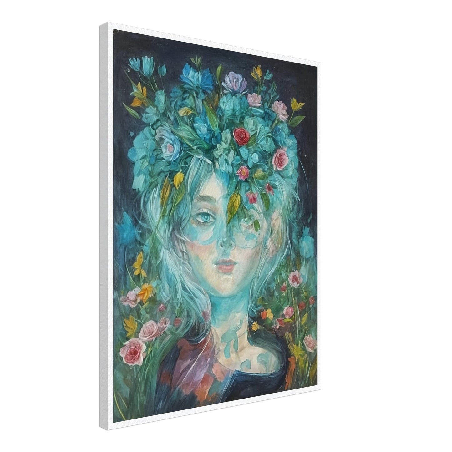 A captivating portrait of a woman with flowers in her hair, blending seamlessly into a vibrant floral background.