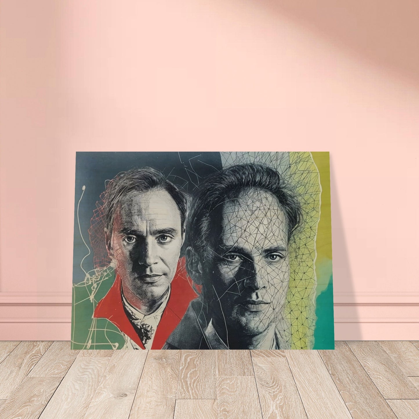 A surreal portrait featuring two faces of the same man, one with a vibrant red collar and the other interwoven with abstract lines.