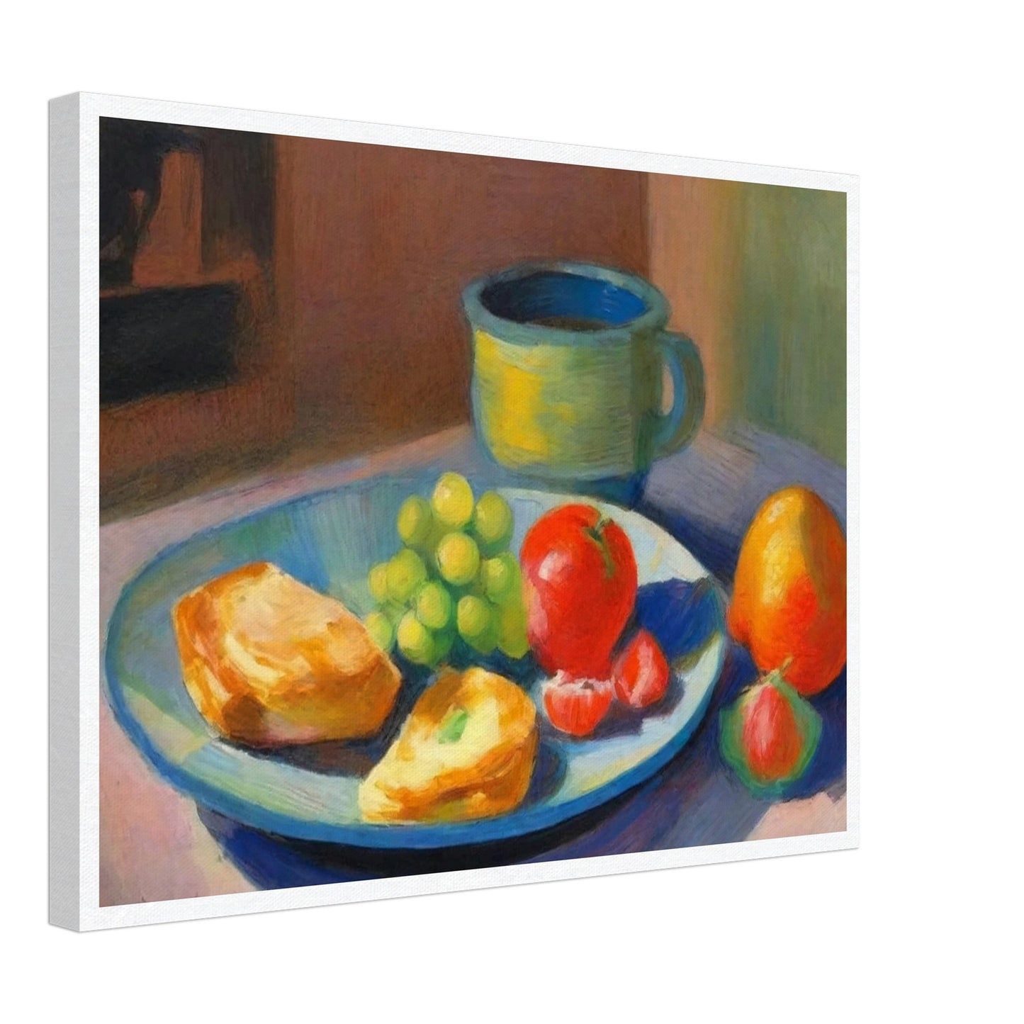 A still life painting featuring a breakfast plate with grapes, bread, and fruit beside a ceramic mug, bathed in soft morning light.