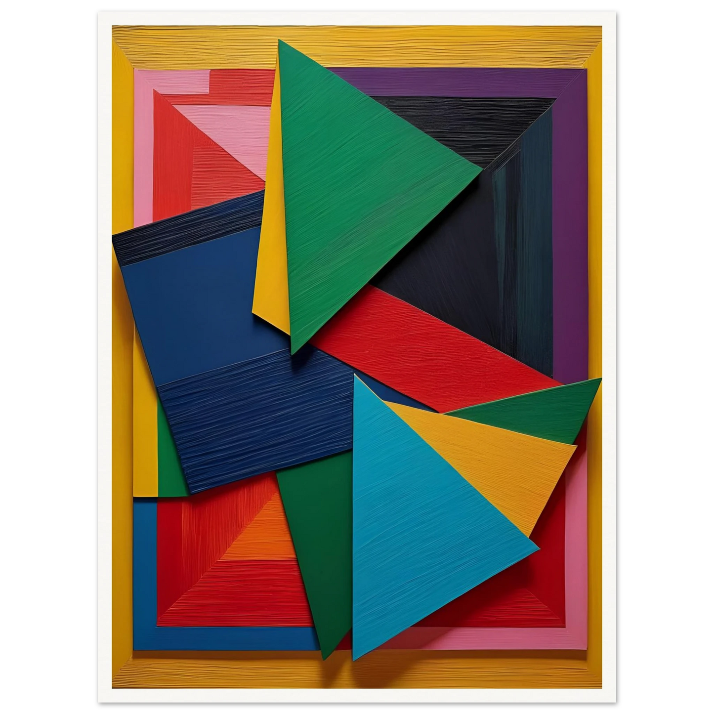 A vibrant arrangement of layered geometric triangles and rectangles in bold, textured colors on a yellow-framed background.
