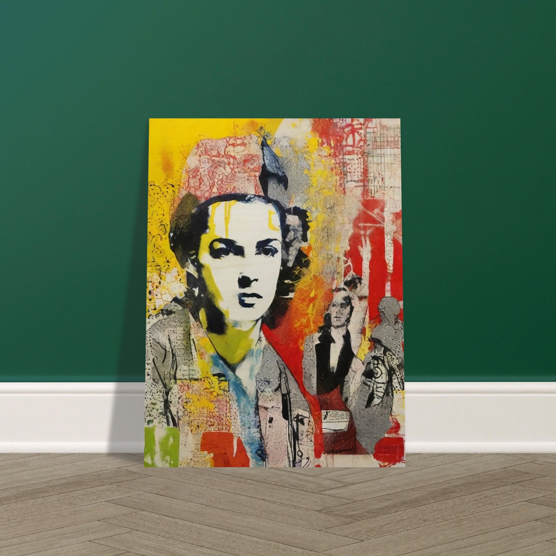 "Bold and colorful collage-like portrait of a serious woman with layers of red, yellow, and abstract patterns in the background."