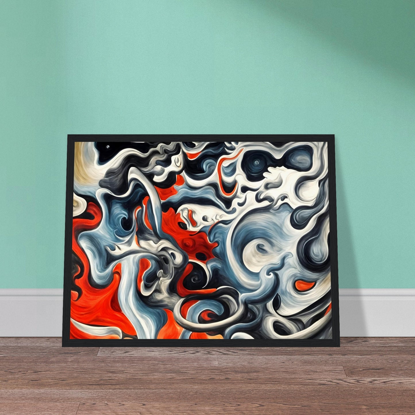 A mesmerizing swirl of red, black, and blue flowing together in a storm-like pattern, evoking a sense of movement and power.