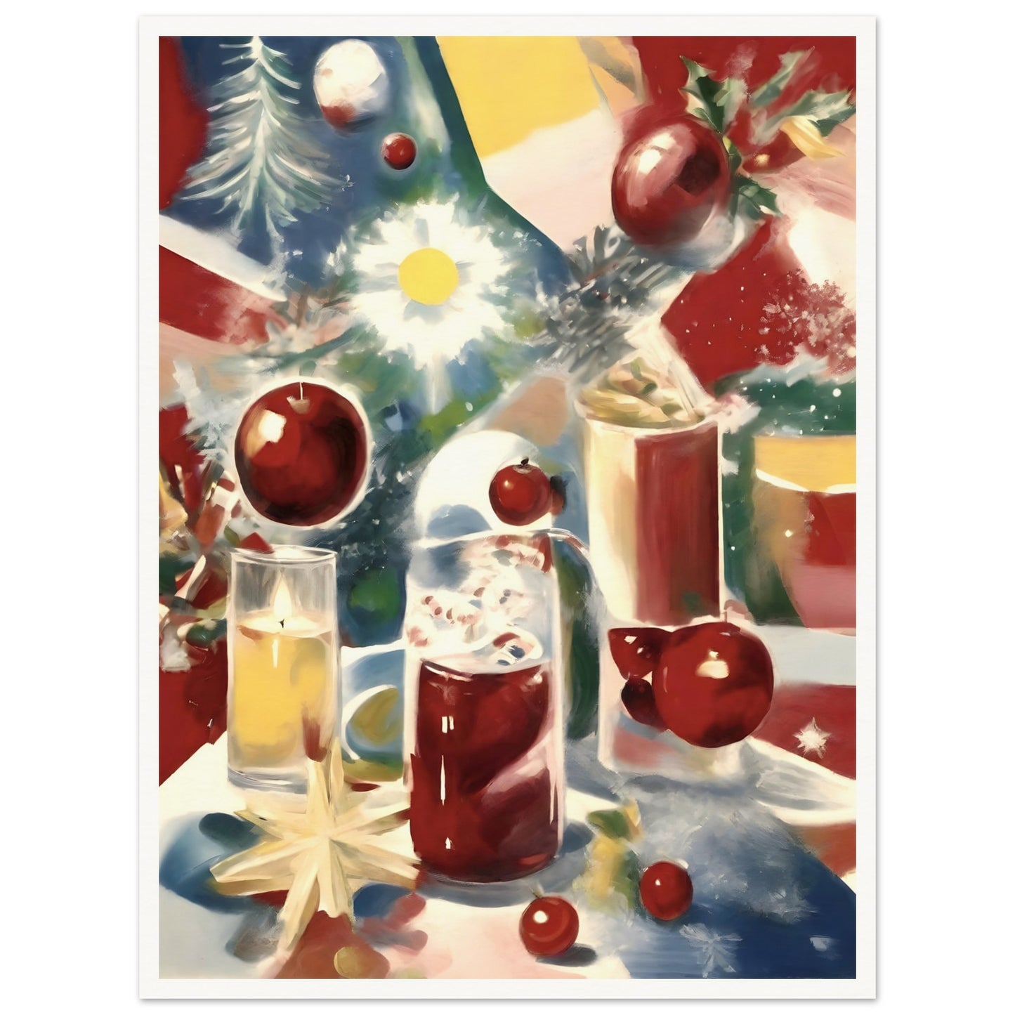 A festive still life featuring glasses of holiday drinks, vibrant red ornaments, holly leaves, and glowing candles on a colorful background.
