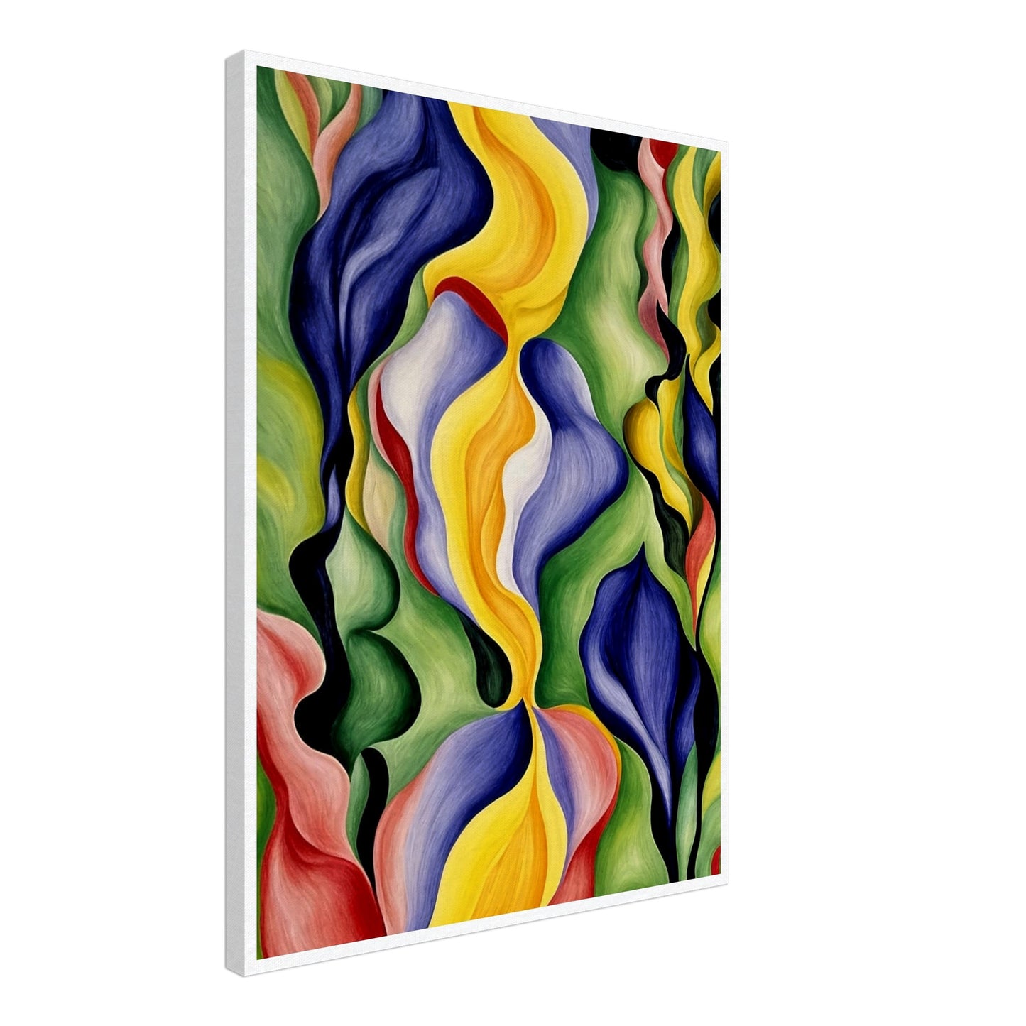 An abstract painting with vibrant, flowing shapes in hues of yellow, blue, green, and red, creating a dynamic and lively composition.