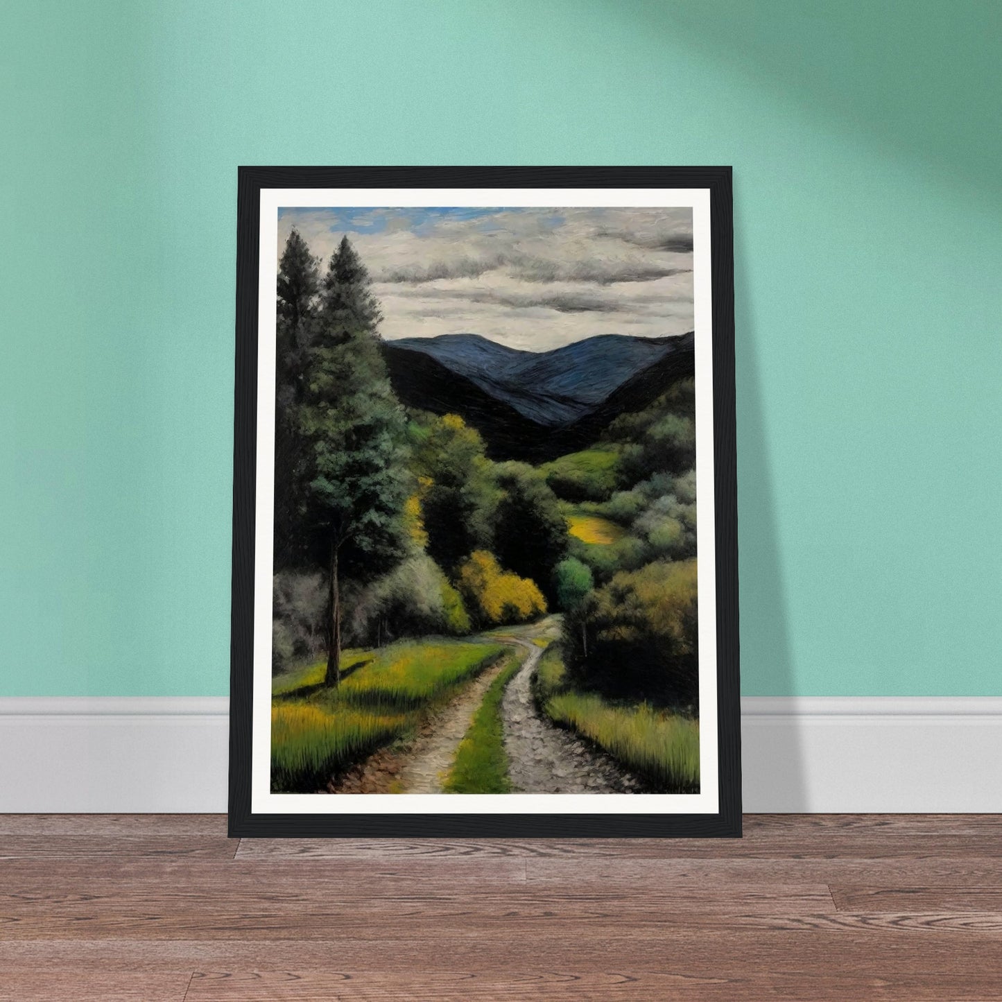A picturesque landscape painting of a winding path leading through a verdant forest, with tall trees and lush green foliage. In the background, blue mountains rise under a partly cloudy sky, creating a serene and inviting scene.