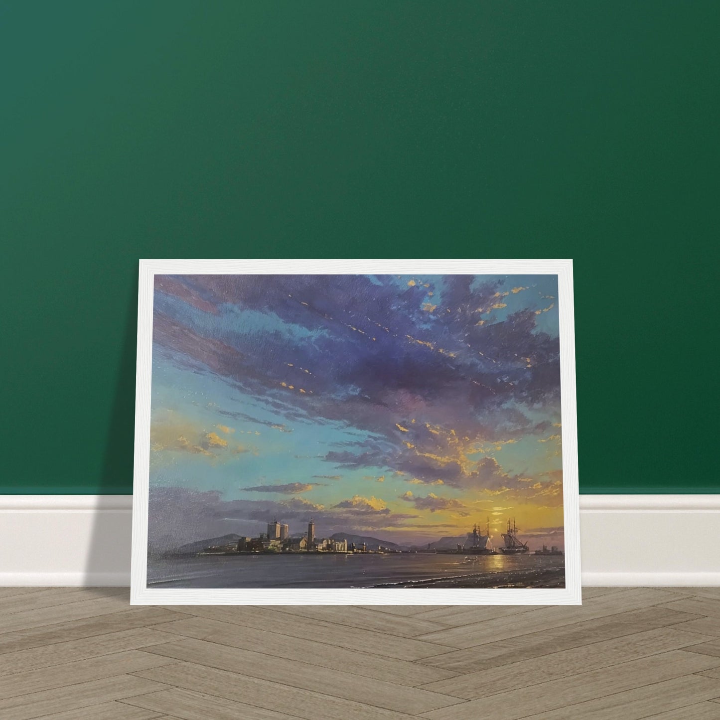 A stunning painting of a harbor at sunset, with ships anchored and a vibrant sky filled with hues of blue, purple, and orange.