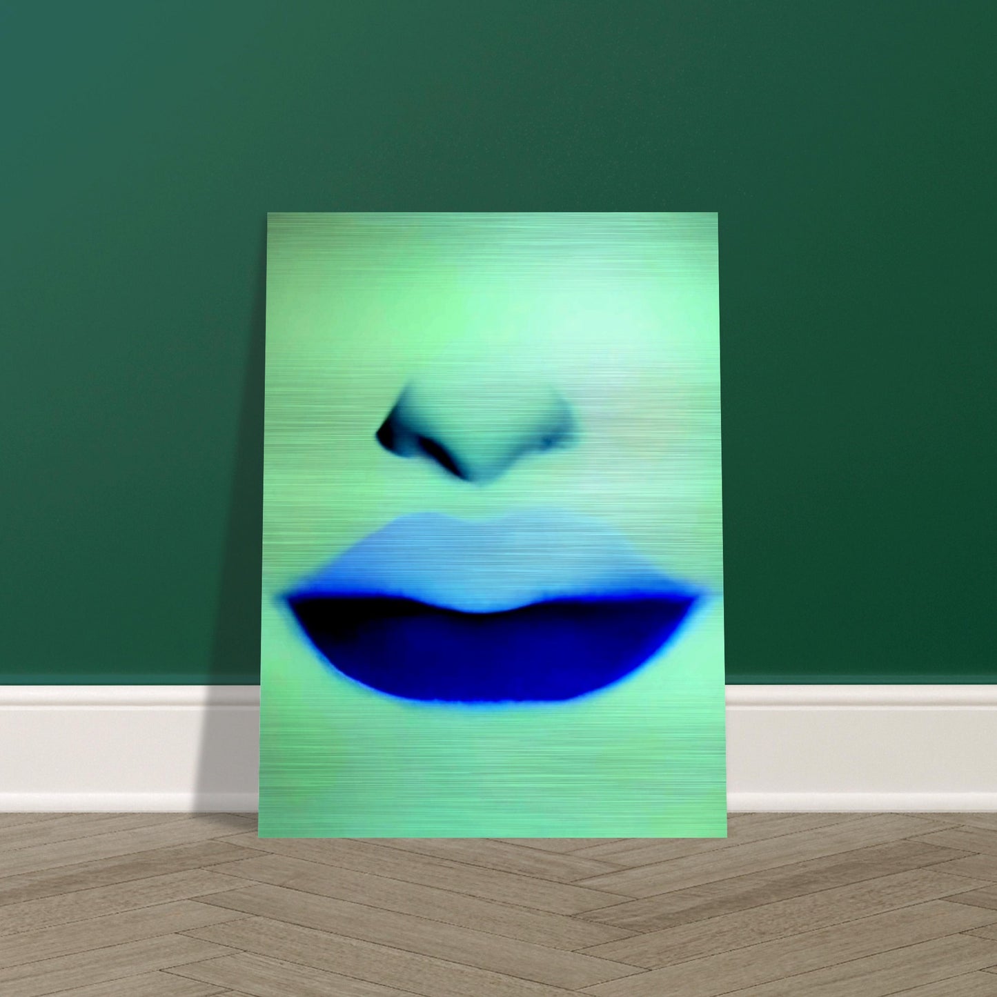A close-up of soft lips and nose rendered in cool blue and green hues, creating a mysterious and ethereal vibe with bold contrast.