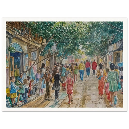 A lively street scene painting with people walking and engaging in various activities under the shade of trees.
