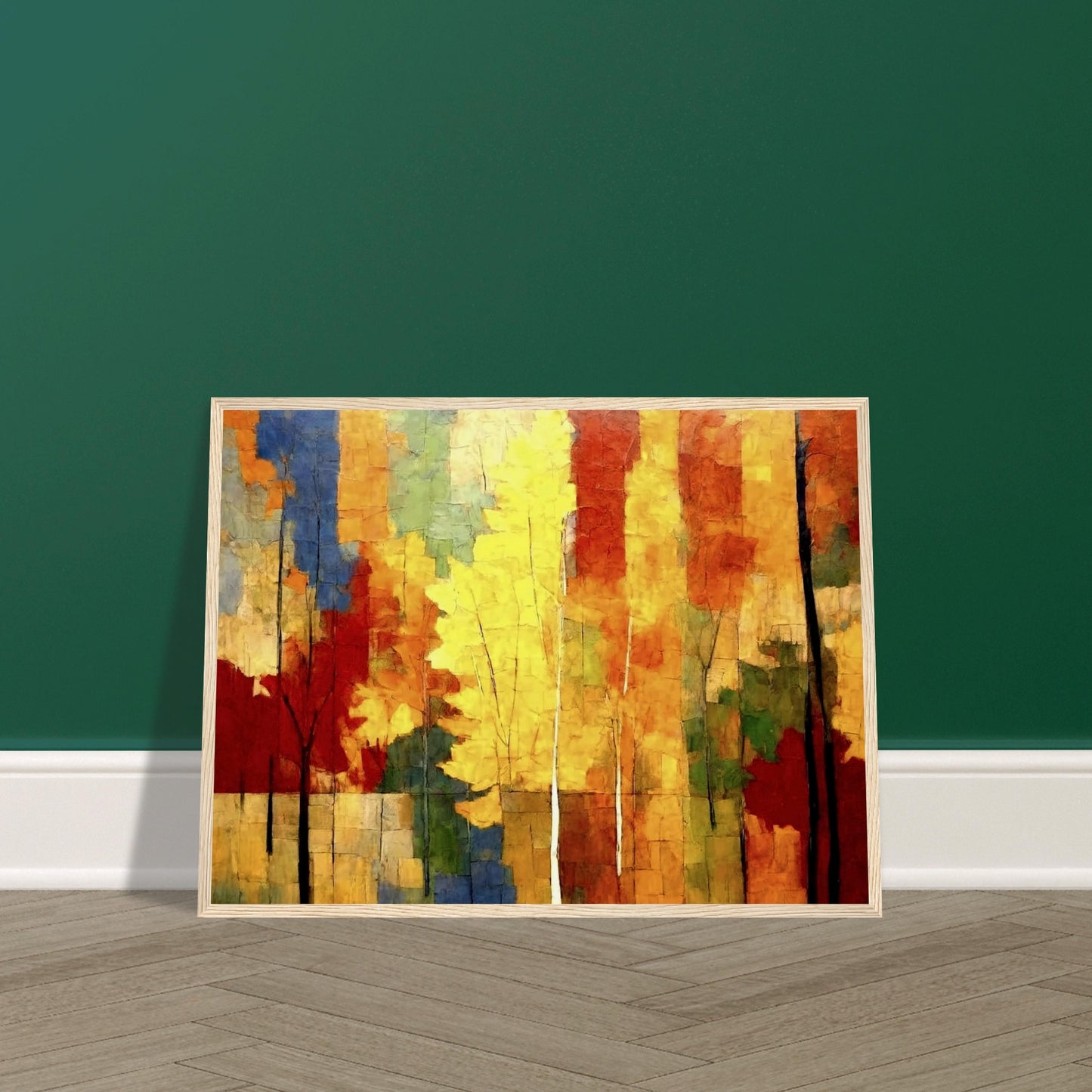 A vibrant painting of autumn trees, featuring bold colors like yellow, red, and orange, with a mix of abstract brush strokes depicting a forest scene.