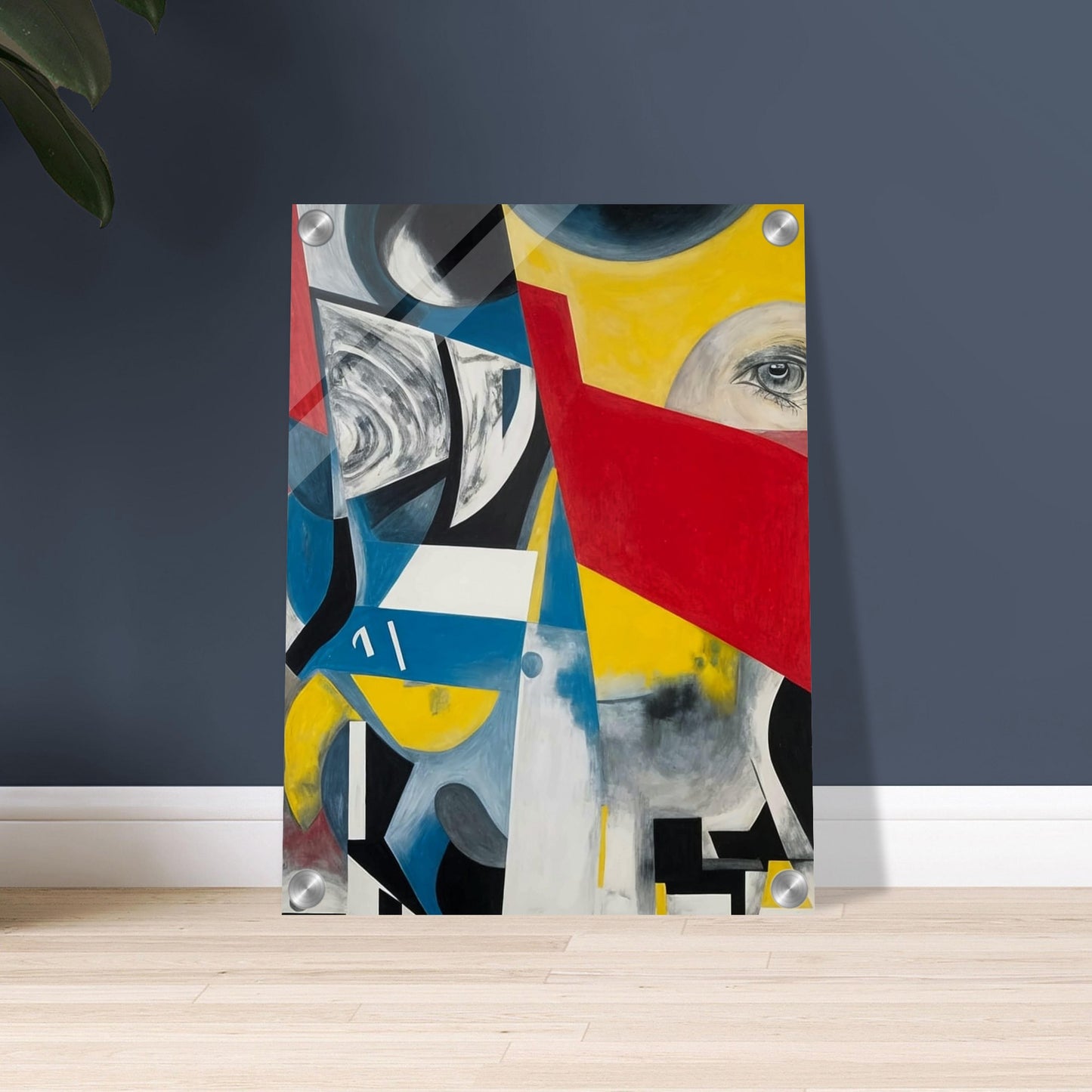 An abstract composition with bold geometric shapes in vibrant colors, including red, yellow, blue, and black. The image features an eye peeking through a red triangular shape, surrounded by swirling patterns and sharp angles, creating a sense of disjointed perception and complexity
