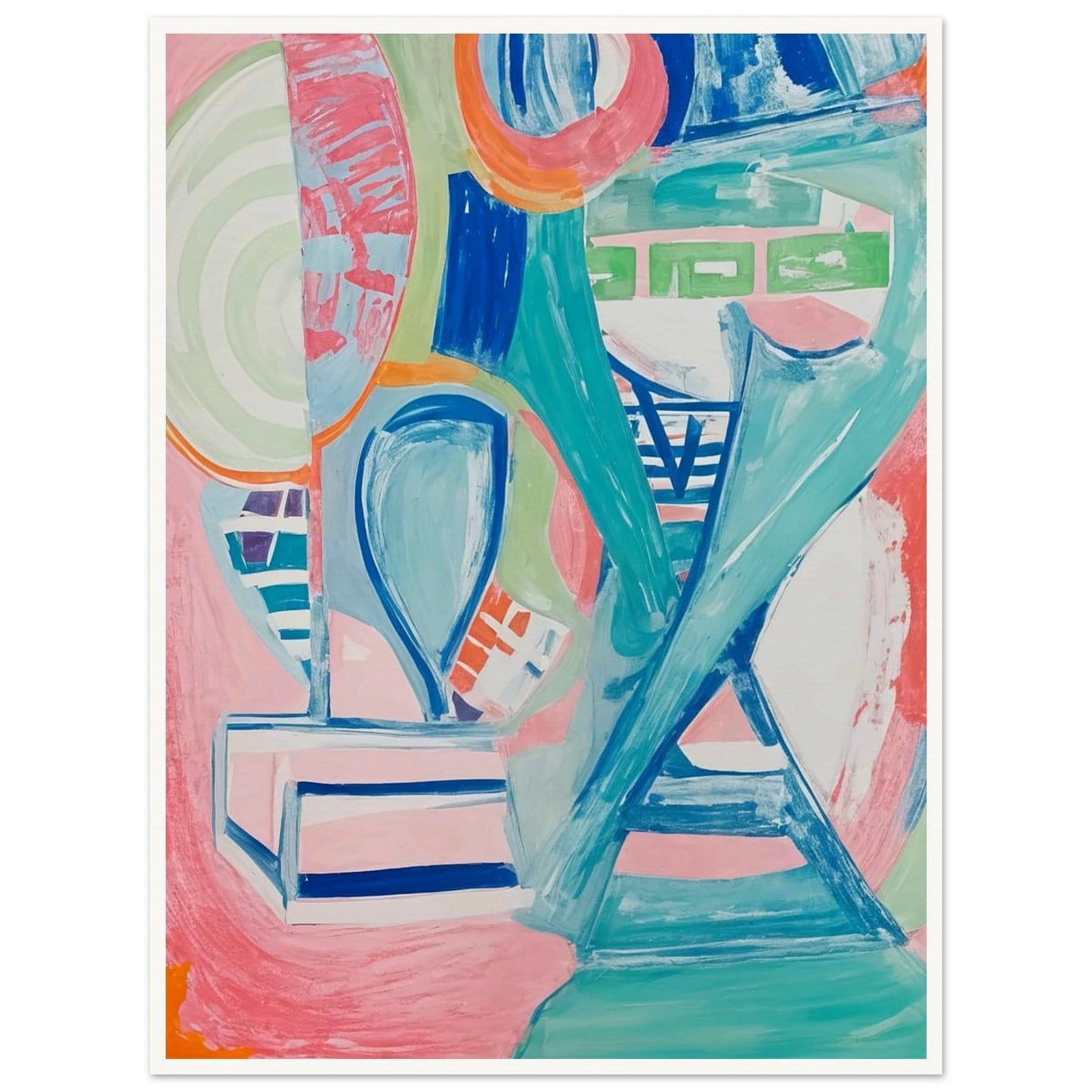 A dynamic interplay of pastel colors and geometric shapes creating a lively abstract composition full of energy and movement.
