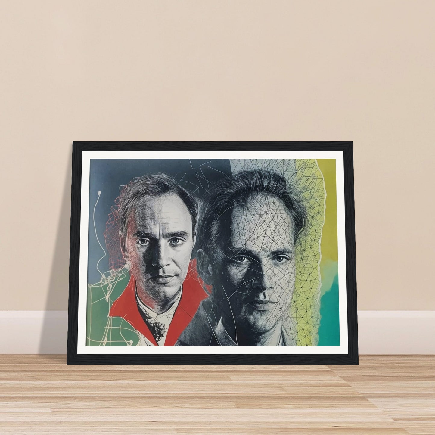 A surreal portrait featuring two faces of the same man, one with a vibrant red collar and the other interwoven with abstract lines.