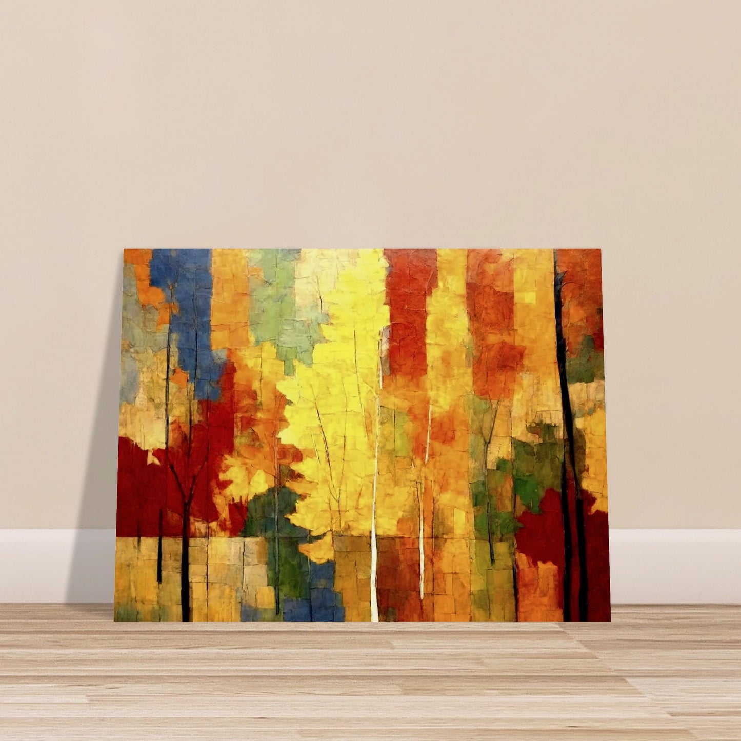 A vibrant painting of autumn trees, featuring bold colors like yellow, red, and orange, with a mix of abstract brush strokes depicting a forest scene.