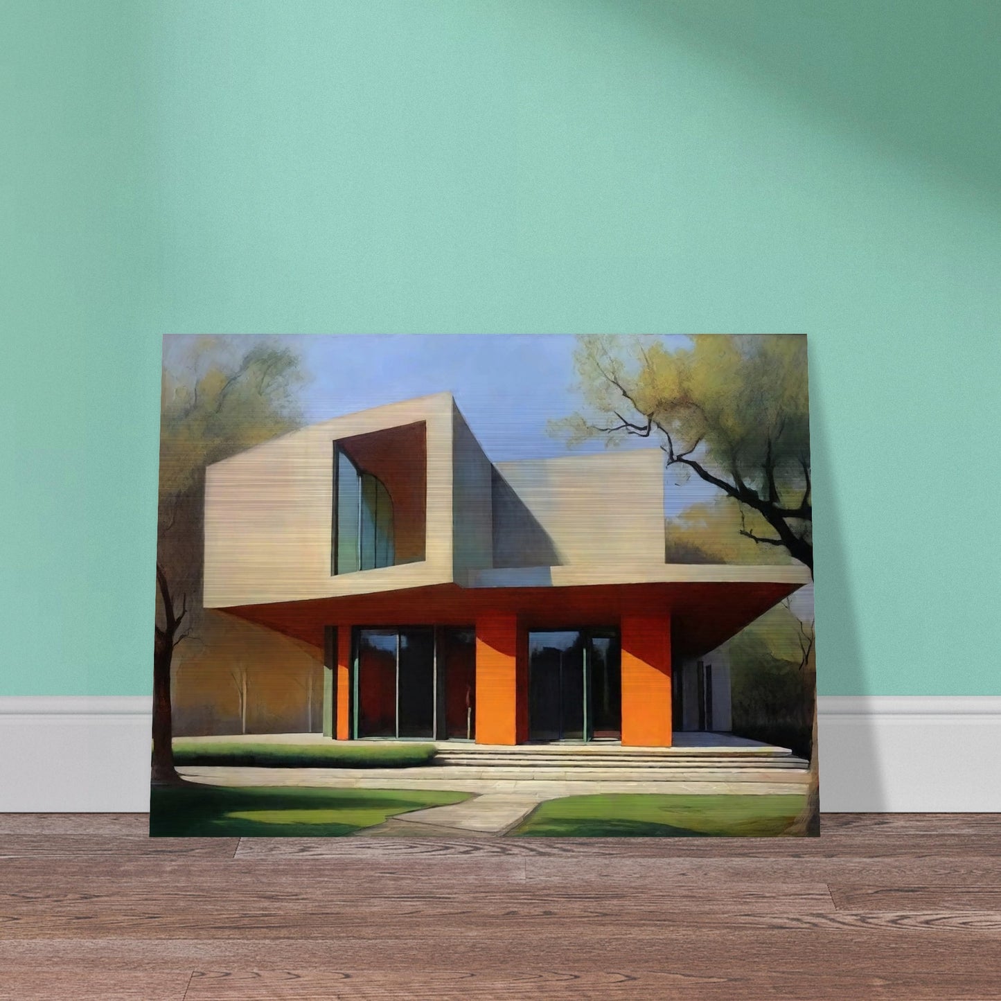 A striking modern architectural building with clean lines and orange accents, bathed in soft sunlight surrounded by trees.