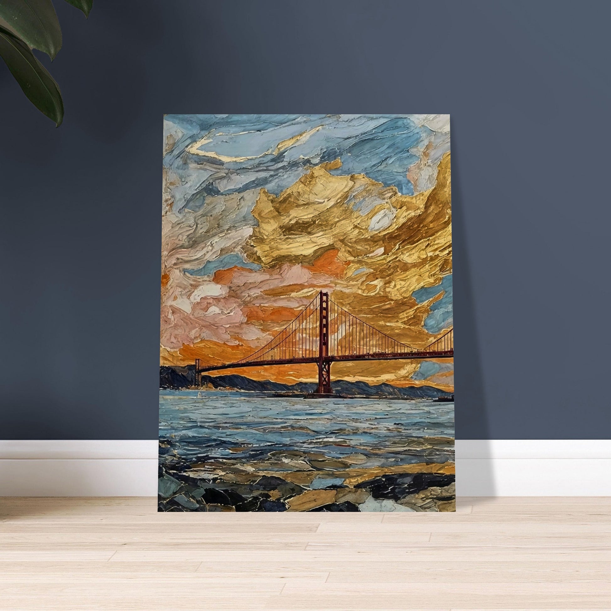"A vibrant painting of a bridge at sunset, with dramatic golden clouds filling the sky and reflecting off the water below."