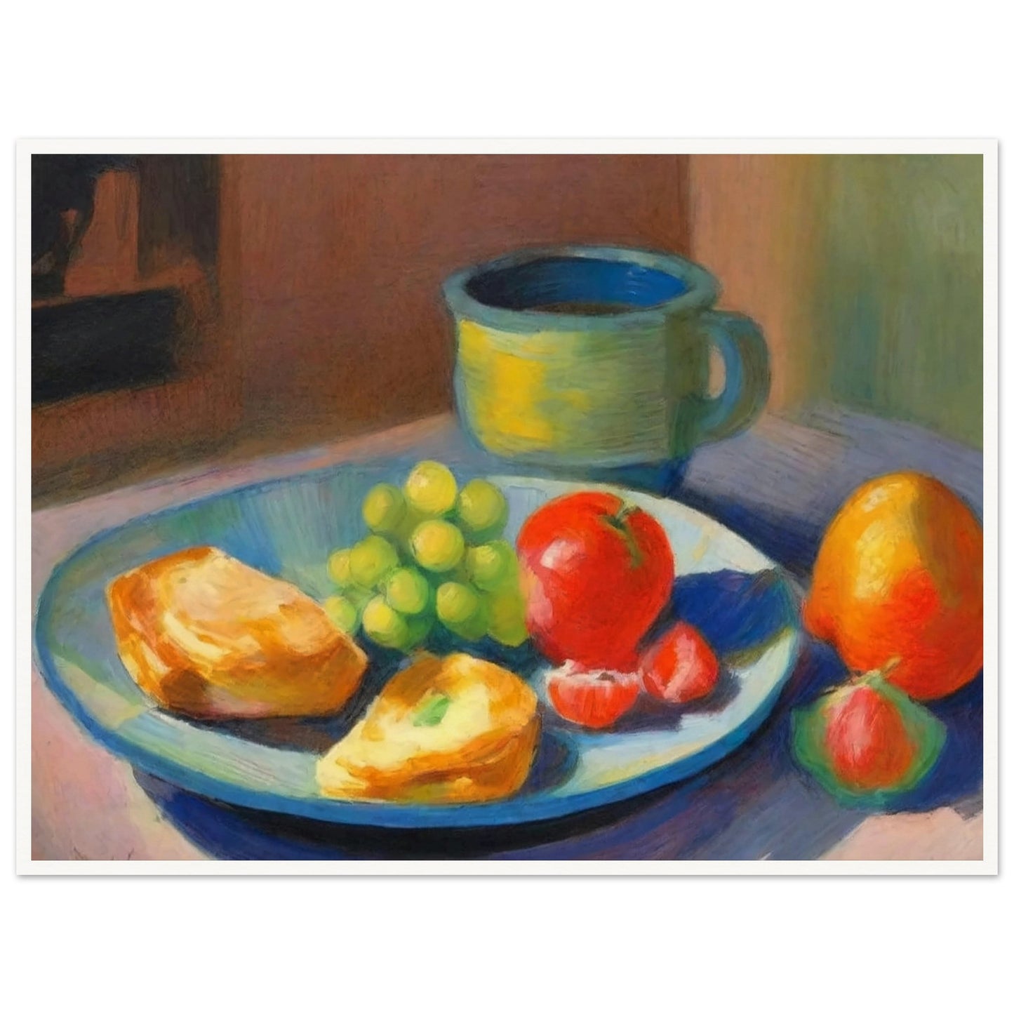 A still life painting featuring a breakfast plate with grapes, bread, and fruit beside a ceramic mug, bathed in soft morning light.