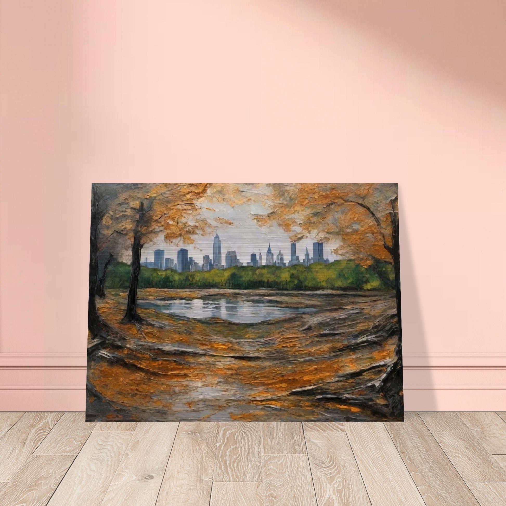 "A beautiful autumn scene with golden leaves framing a city skyline in the distance, viewed from the edge of a tranquil pond in the park."