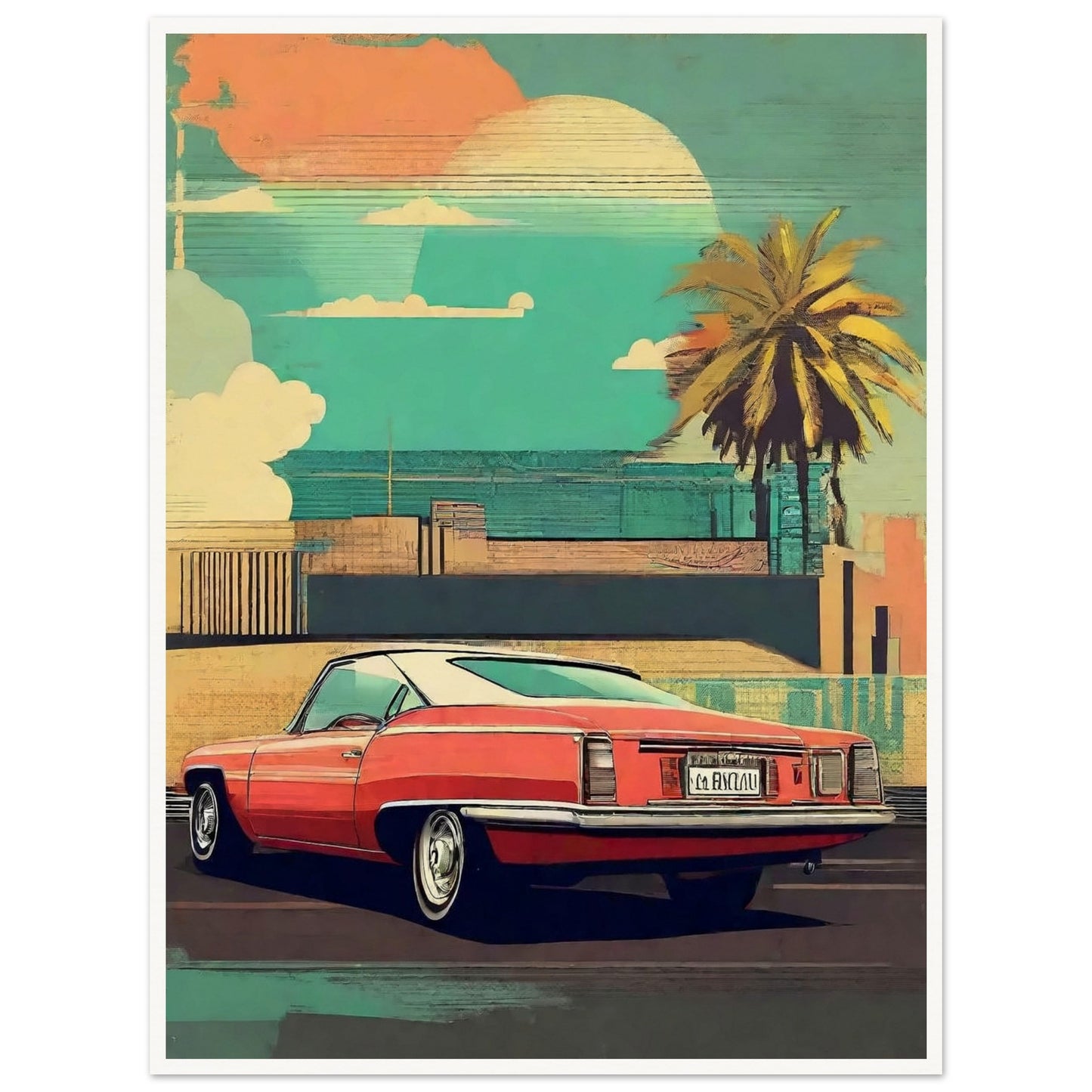 A vintage-style illustration of a red classic car parked near a palm tree with a sunset background.