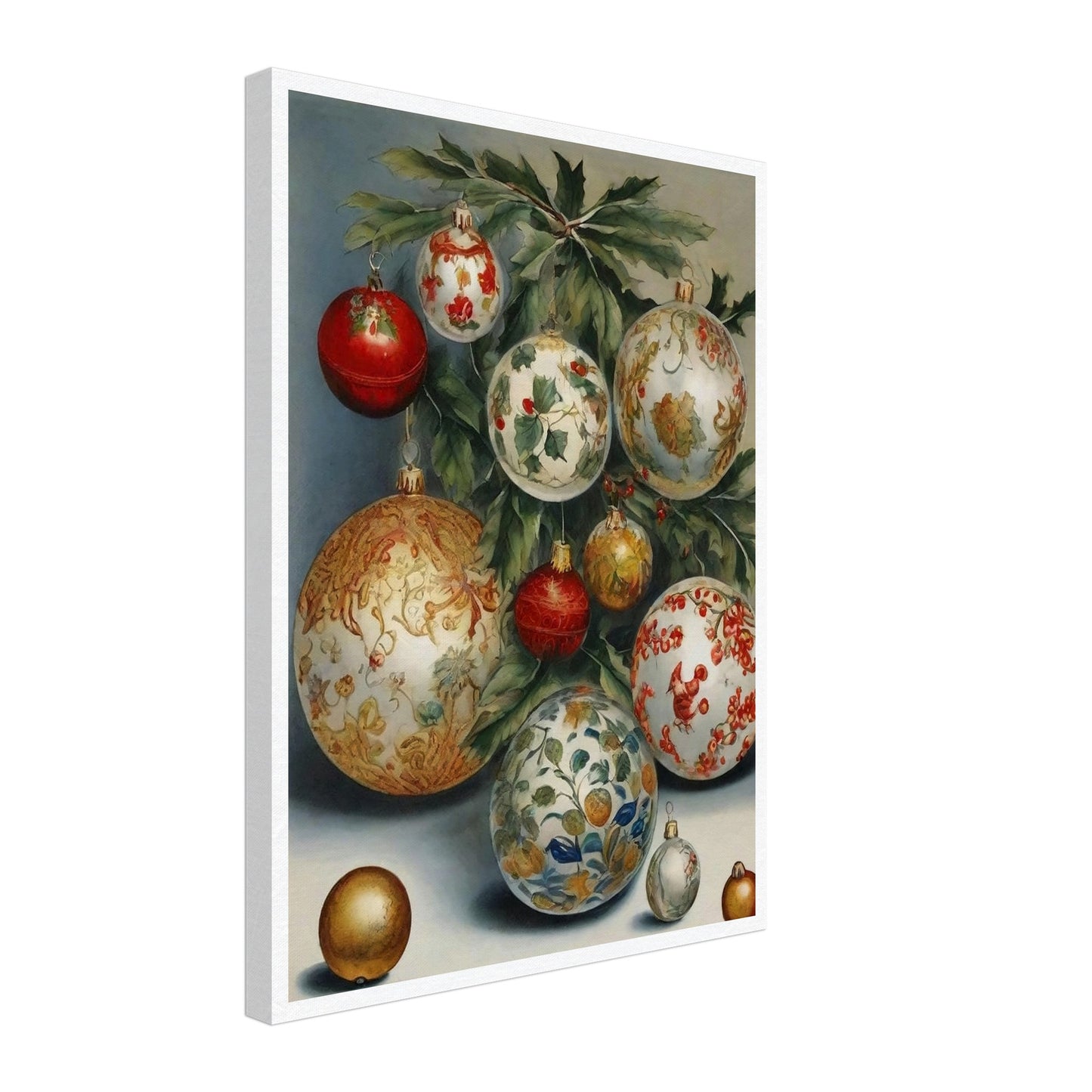 A collection of intricately designed Christmas ornaments in red, gold, and white, adorned with holly and floral patterns, hanging from green branches in an elegant holiday display.