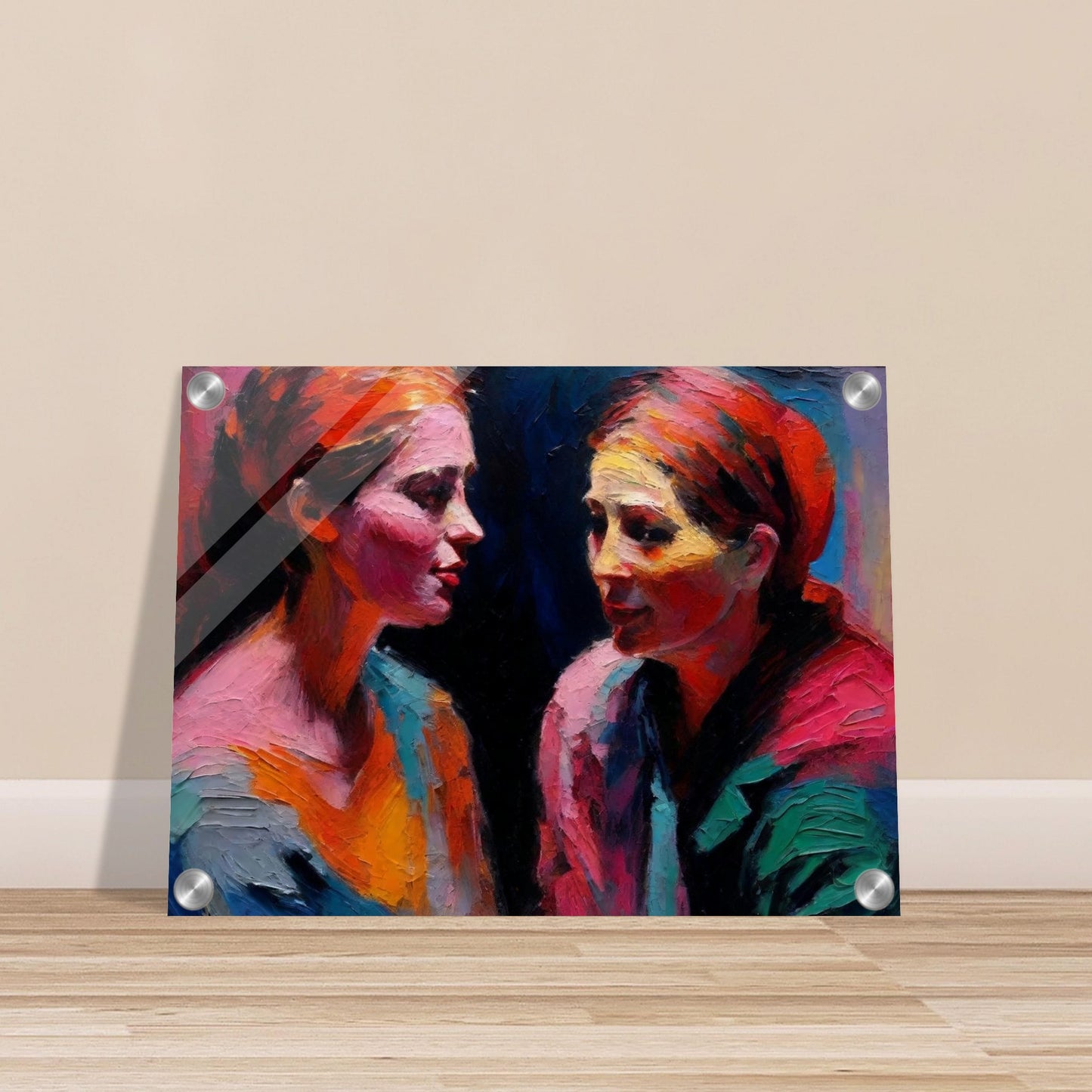 An expressive painting of two women engaged in a deep conversation, using bold and vibrant colors.