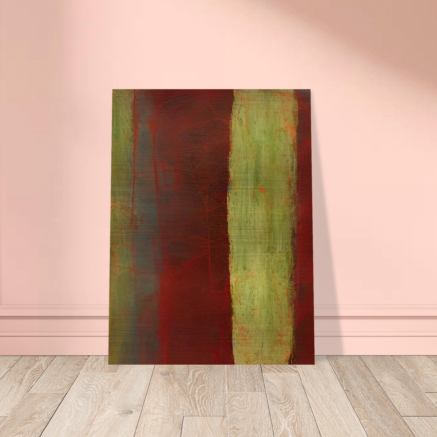 An abstract composition featuring deep red and earthy green vertical stripes with soft textures and layered shades, evoking a sense of natural decay and organic forms.