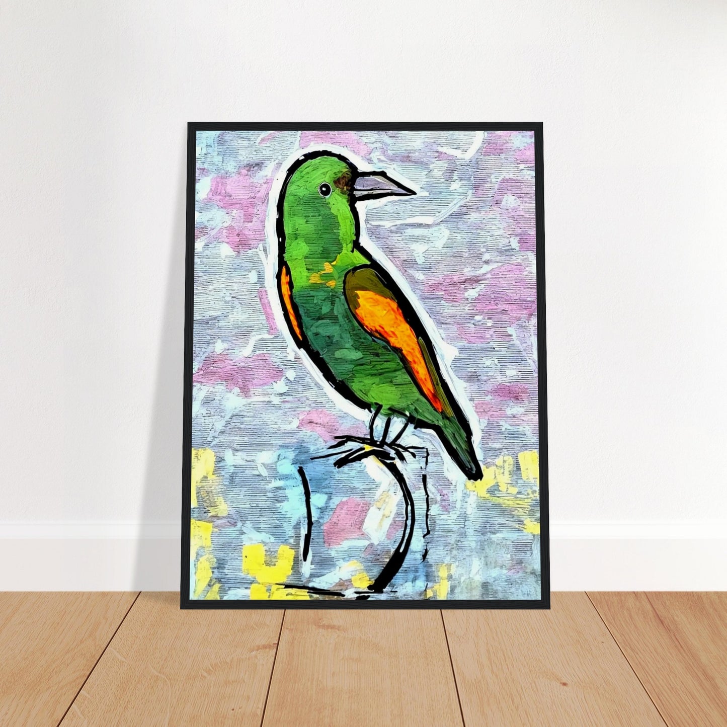 A colorful green and orange bird sits perched against a soft, textured pastel background, highlighting its vibrant feathers and watchful gaze.