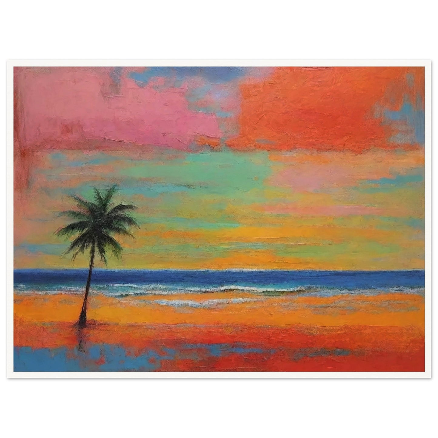 A vibrant tropical sunset with a lone palm tree silhouetted against a colorful sky blending pink, orange, green, and blue hues.