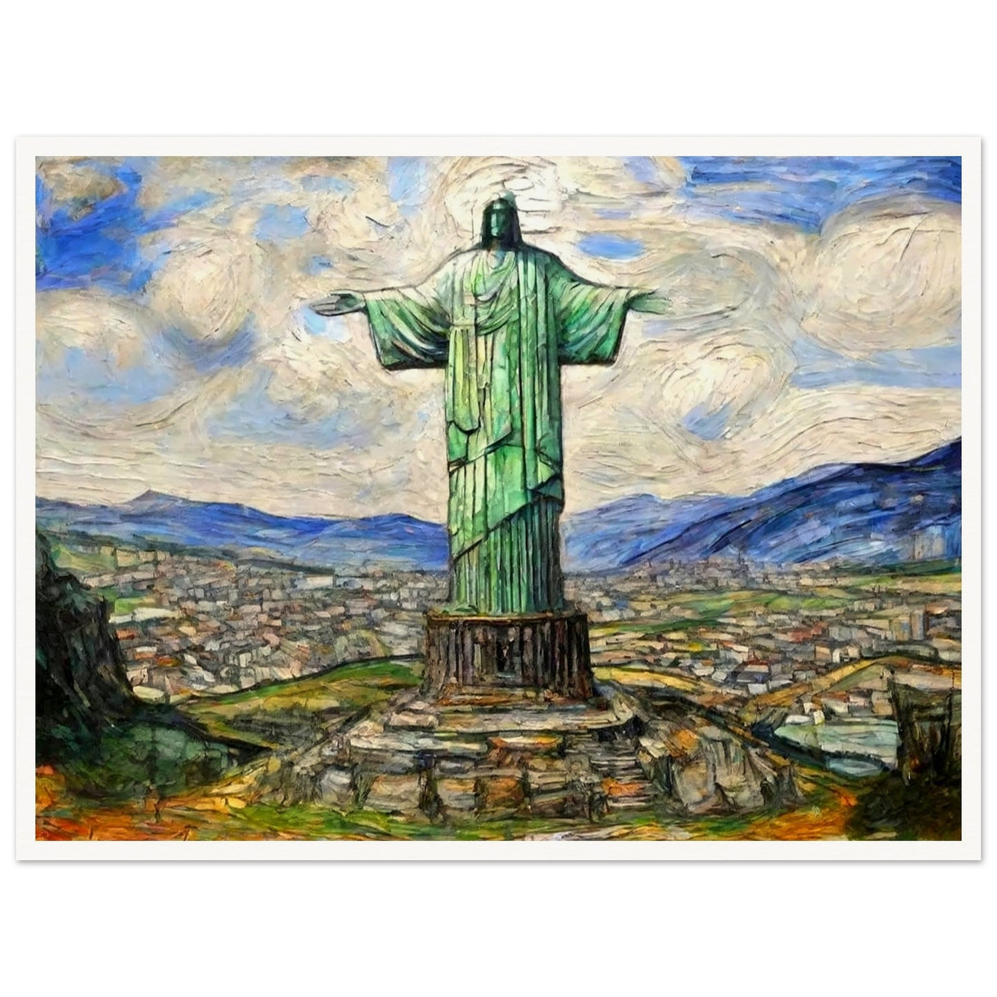 "A majestic painting of the Christ the Redeemer statue standing tall over the city of Rio de Janeiro, with vibrant skies and mountain ranges in the background."