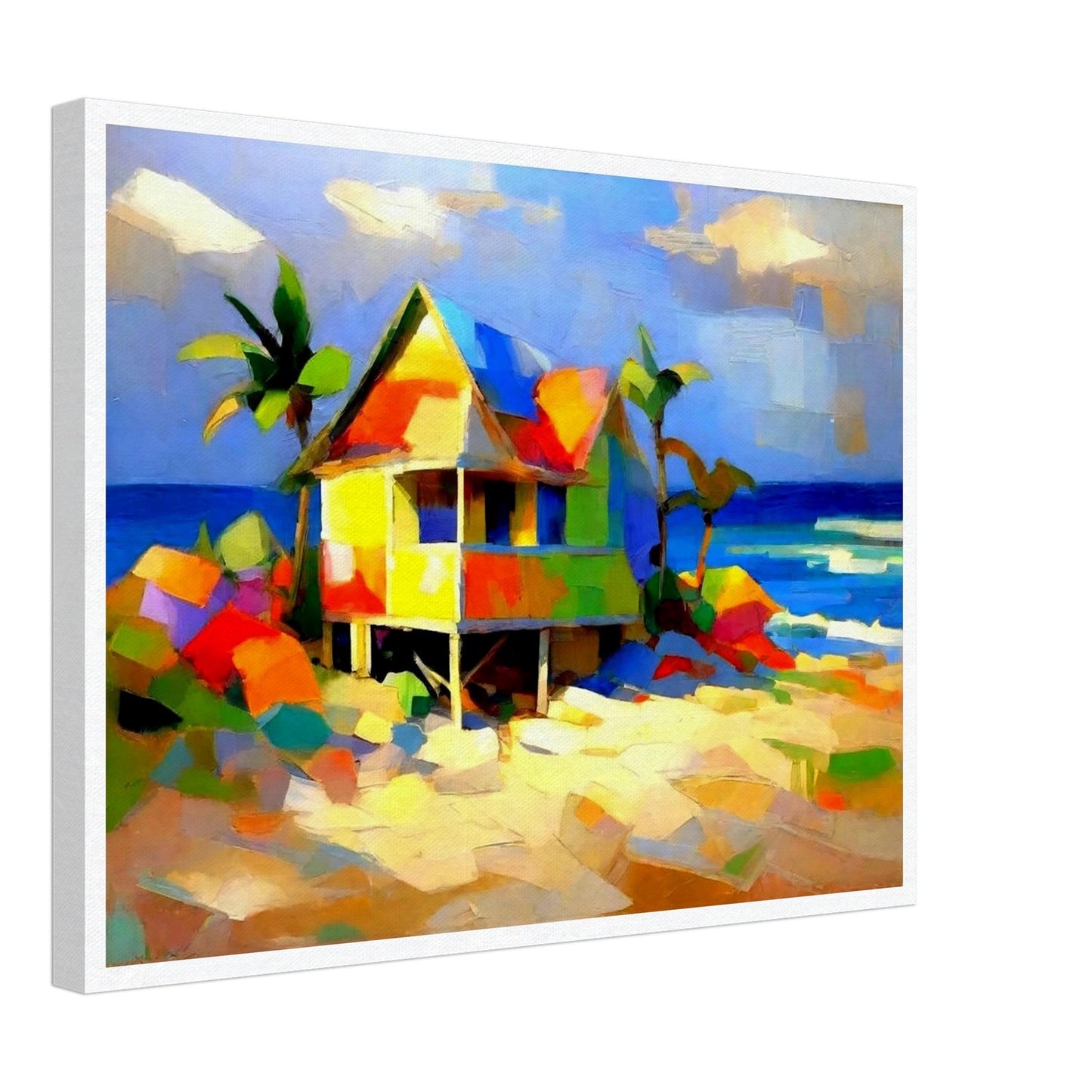 A colorful and lively painting of a beach house with bright blocks of color, set against a backdrop of palm trees and the ocean on a sunny day.