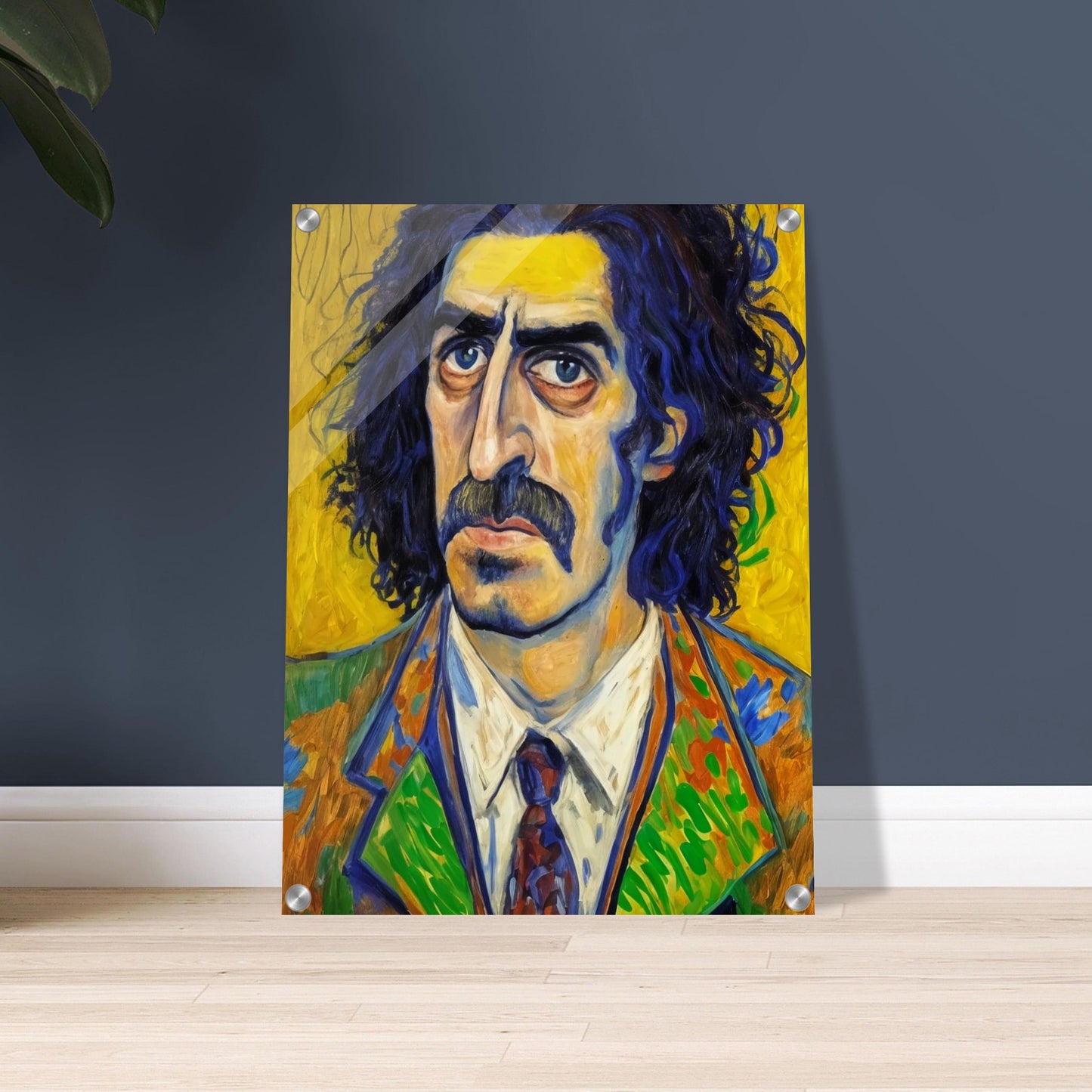 A vibrant portrait of a man with deep-set eyes and thick mustache, framed by wild dark hair. His colorful, patterned suit contrasts with a vivid yellow background.