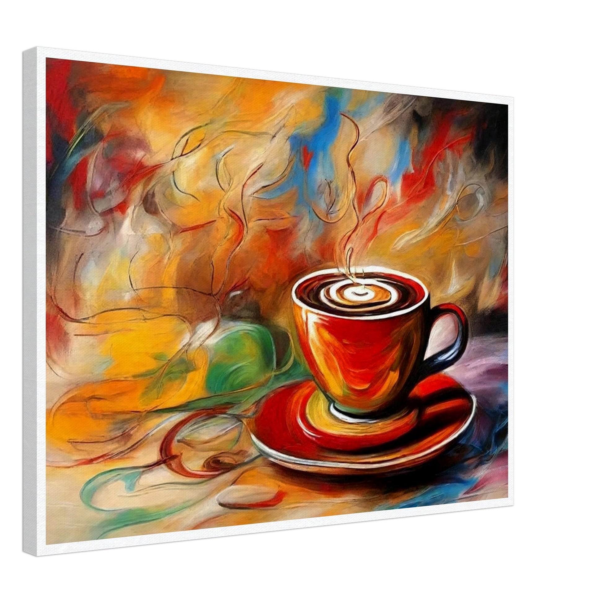 "An expressive painting of a steaming cup of coffee in a red cup with swirling colors of orange, yellow, and blue in the background."