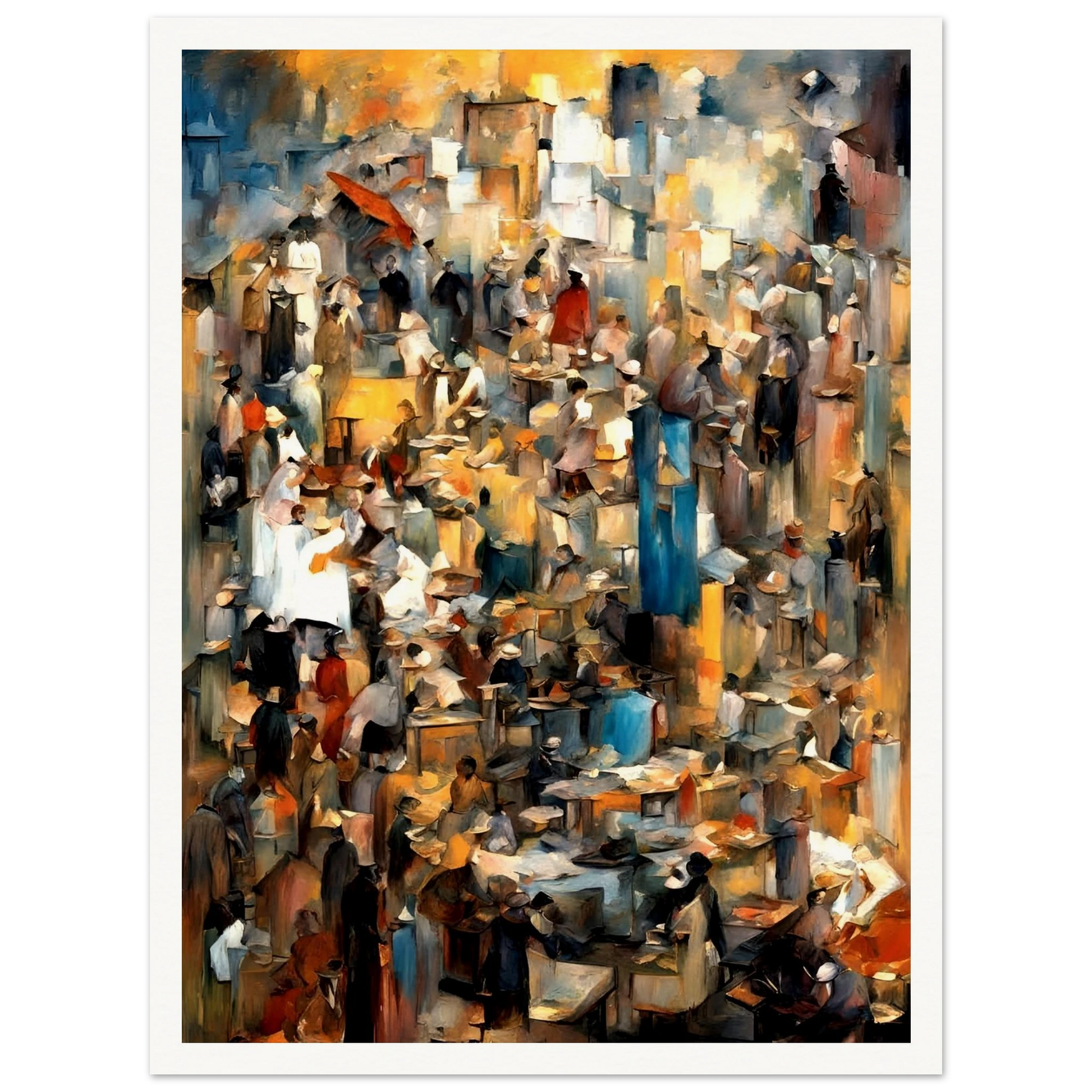 Bustling market scene with abstracted crowds, vendors, and stalls in warm earthy tones, evoking movement and layered human stories.
