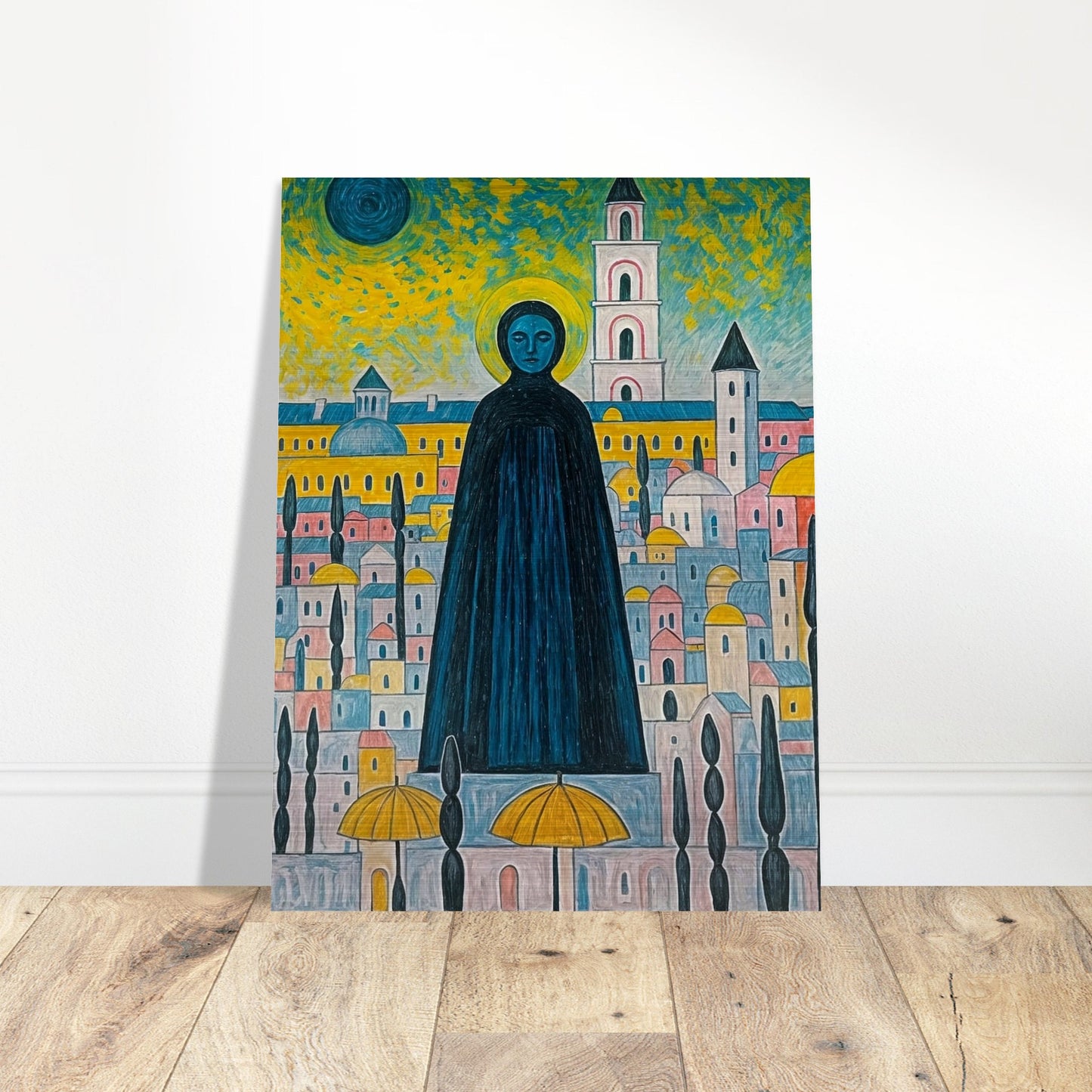 A vibrant painting featuring a towering, cloaked figure with a halo standing amidst a colorful, stylized cityscape under a surreal sky.