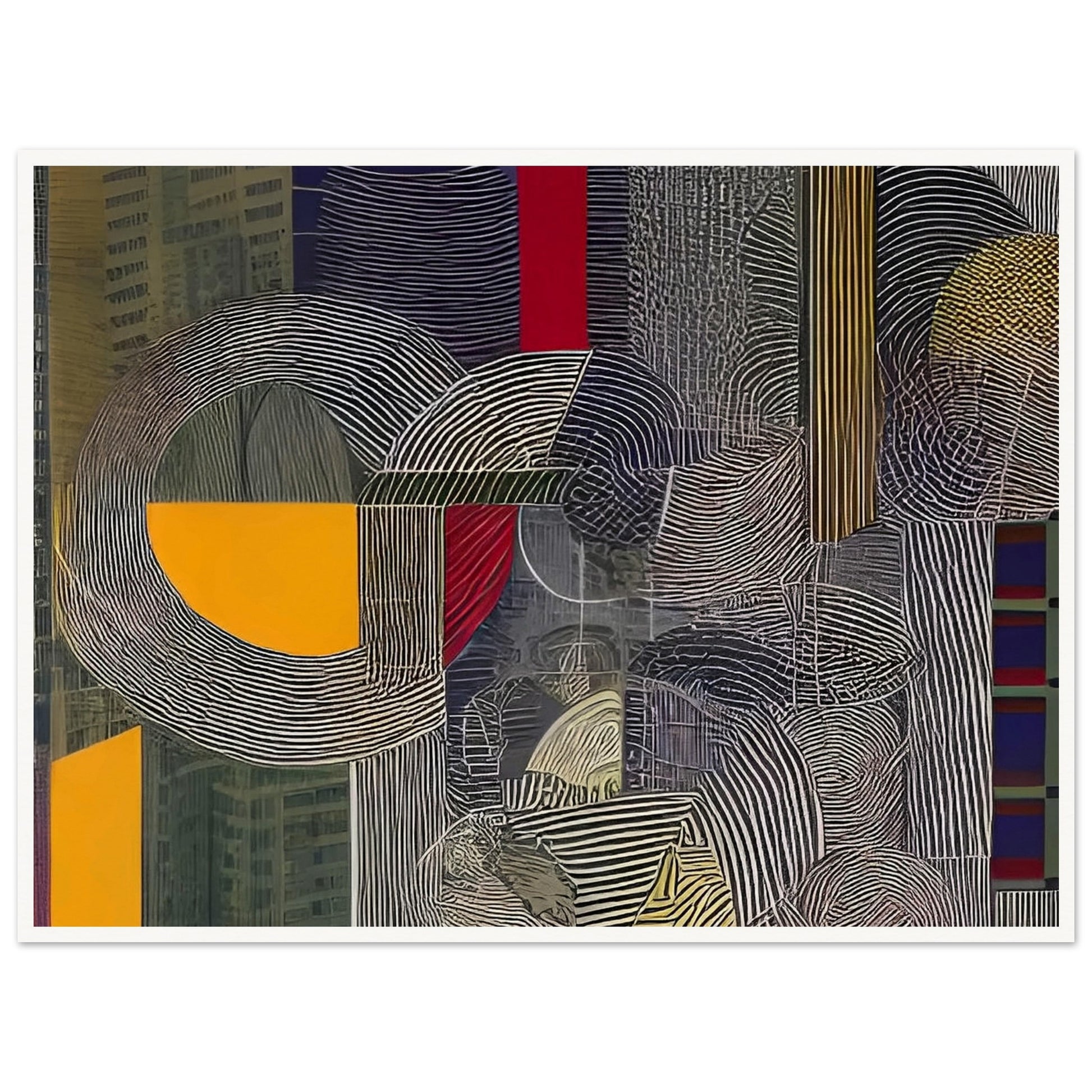 A contemporary abstract painting featuring bold geometric shapes, lines, and patterns, evoking an urban architectural landscape.