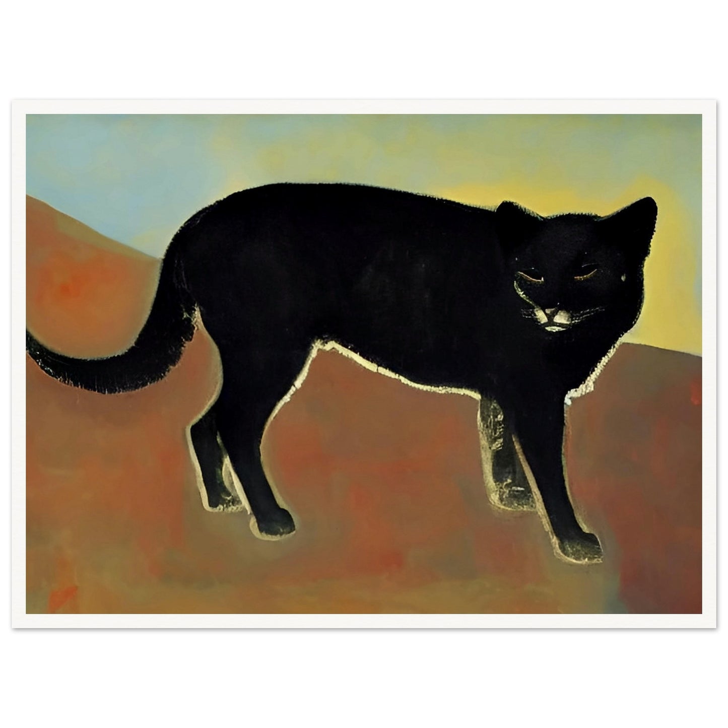 A dark and enigmatic black cat with piercing eyes stands against a warm, earthy backdrop in a minimalist style.
