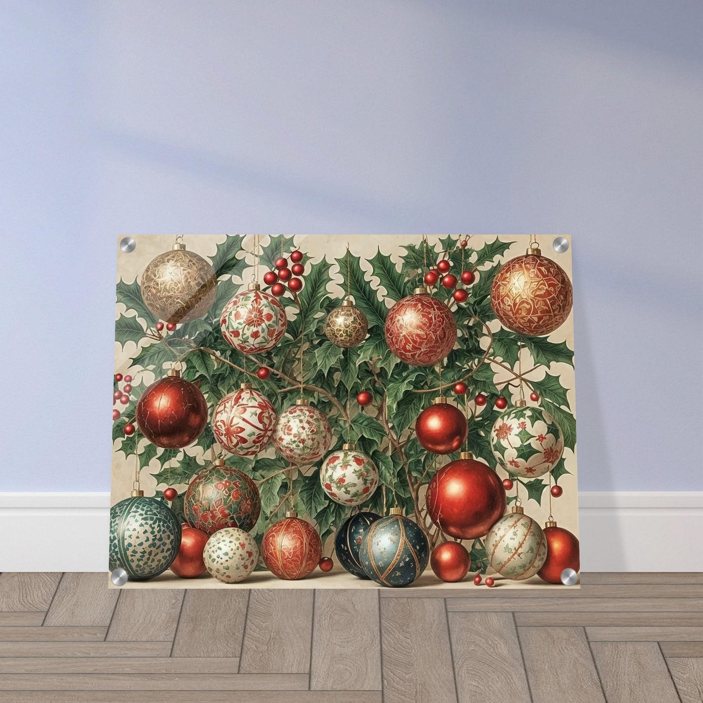 A collection of intricately designed Christmas ornaments in red, gold, and green, hanging from holly branches adorned with berries, creating a festive holiday scene.