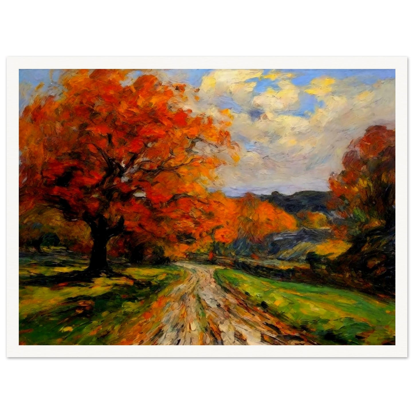"A beautiful autumn landscape featuring a winding path surrounded by trees with vibrant orange and red leaves under a bright sky."