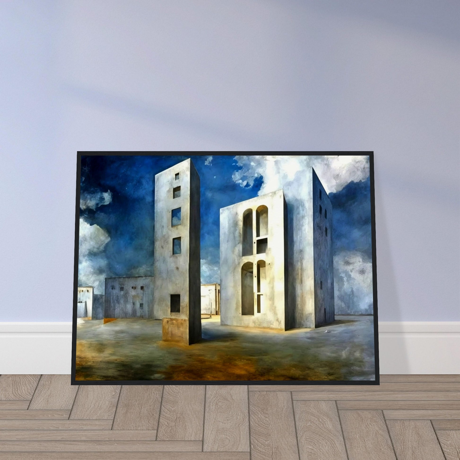 A surreal landscape featuring towering, geometric buildings with windows and arches set against a deep blue sky with dramatic clouds.