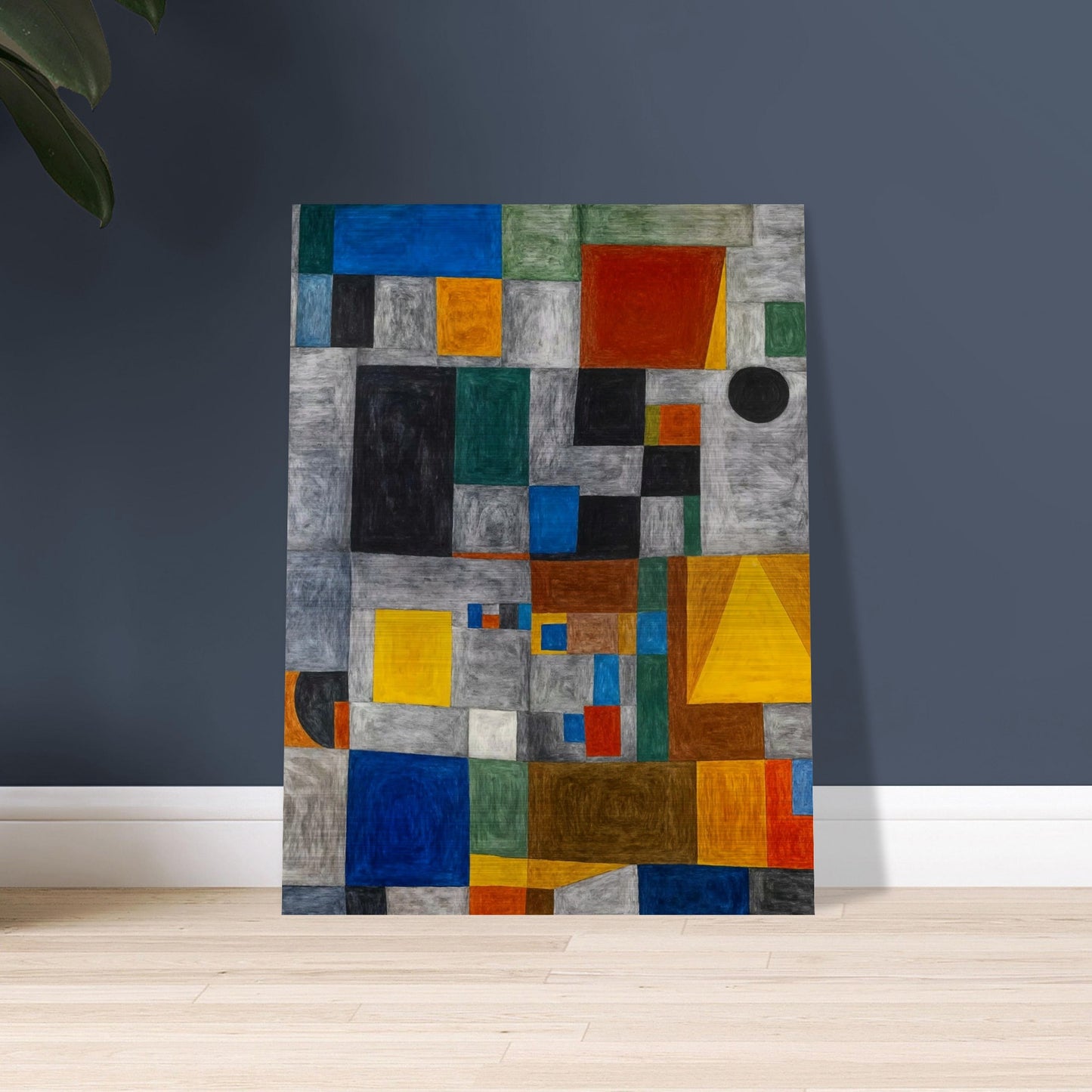 Abstract geometric artwork featuring a grid of colored squares and rectangles, creating a vibrant, dynamic composition.
