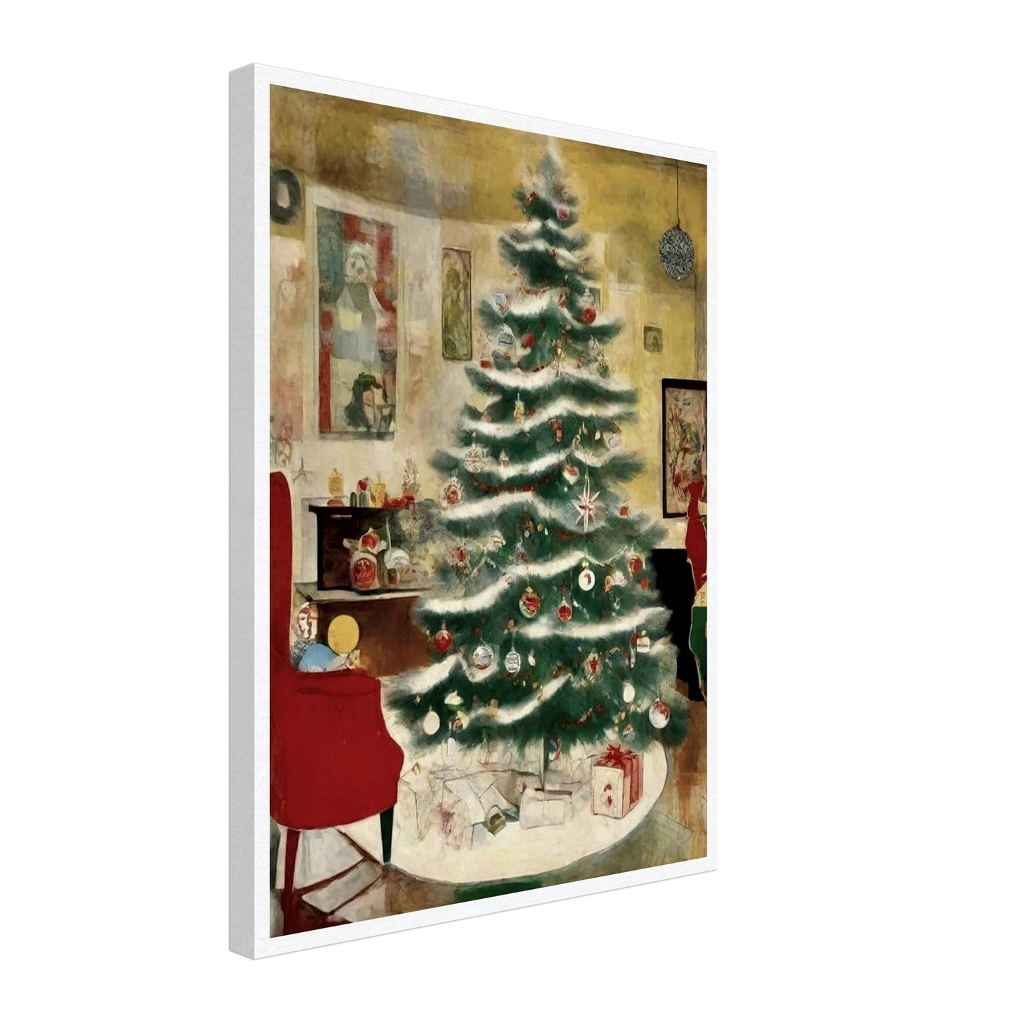 A cozy living room scene featuring a beautifully decorated Christmas tree adorned with ornaments and surrounded by presents, evoking the warmth of the holiday season.