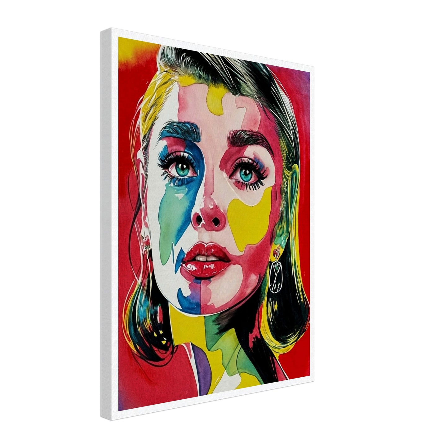 A striking portrait of a woman with vivid colors painted across her face, featuring bold reds, blues, yellows, and greens, with intense, captivating eyes.