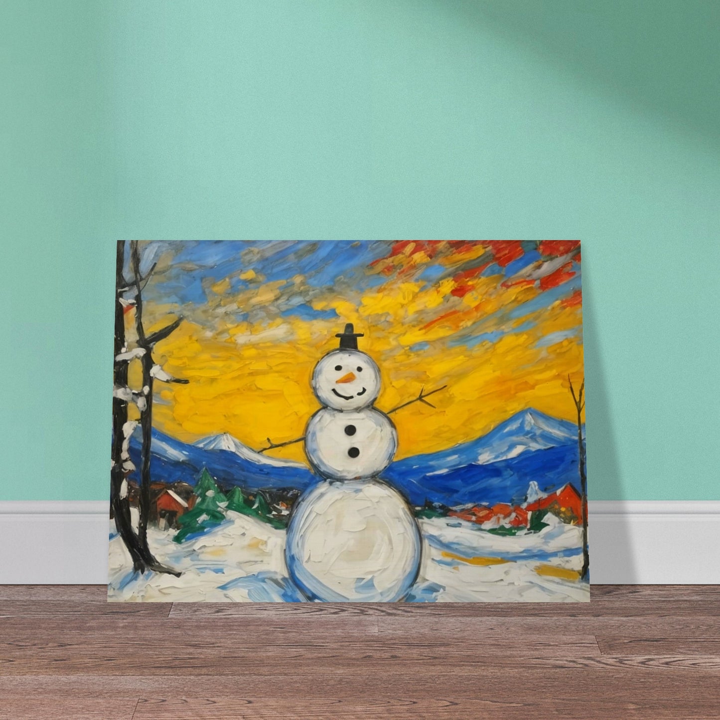 A cheerful snowman stands in a snowy village landscape with a vibrant yellow and orange sunrise, framed by mountains and trees, bringing joy to the winter scene.