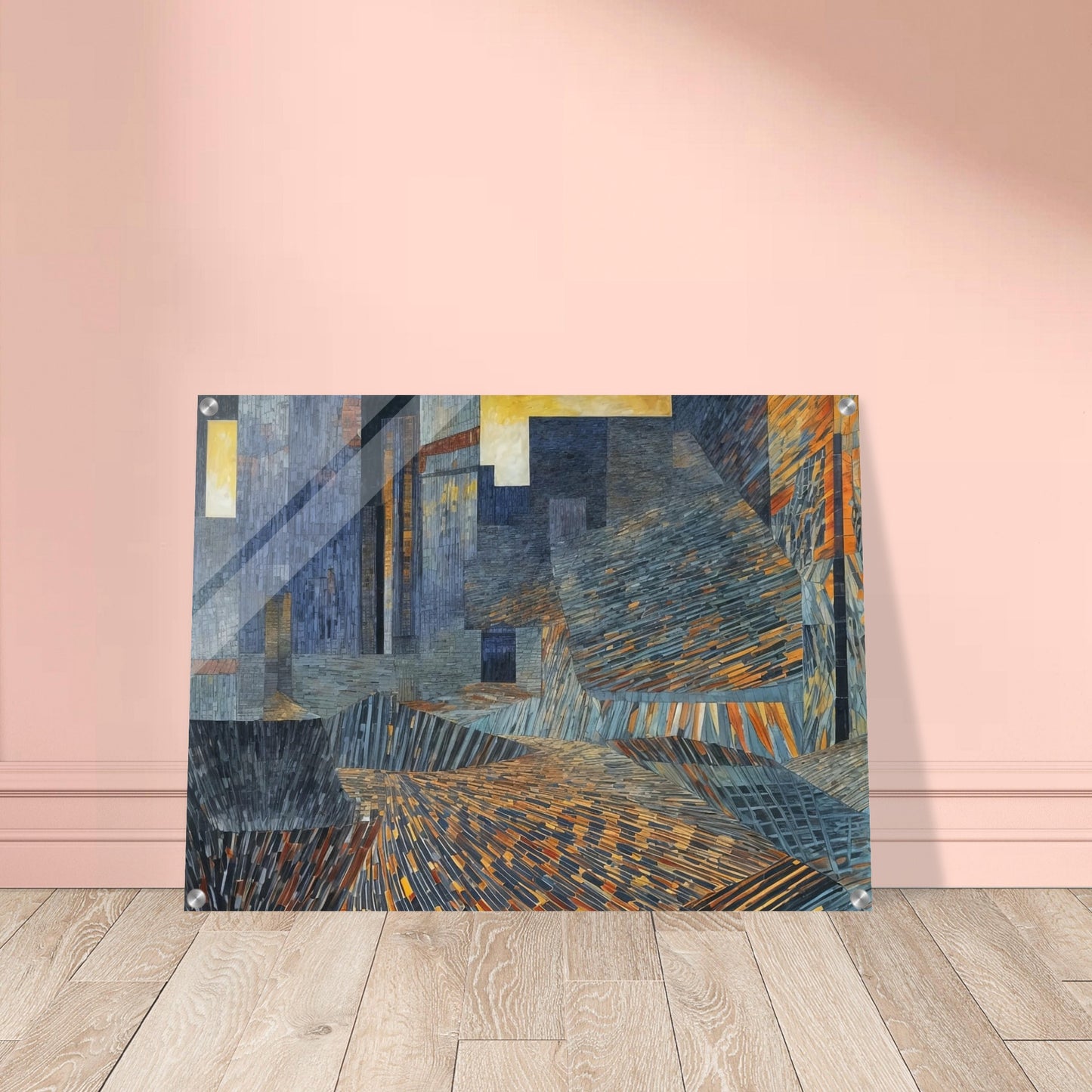 A mosaic-like abstract painting depicting an urban landscape with intricate patterns and vibrant colors.