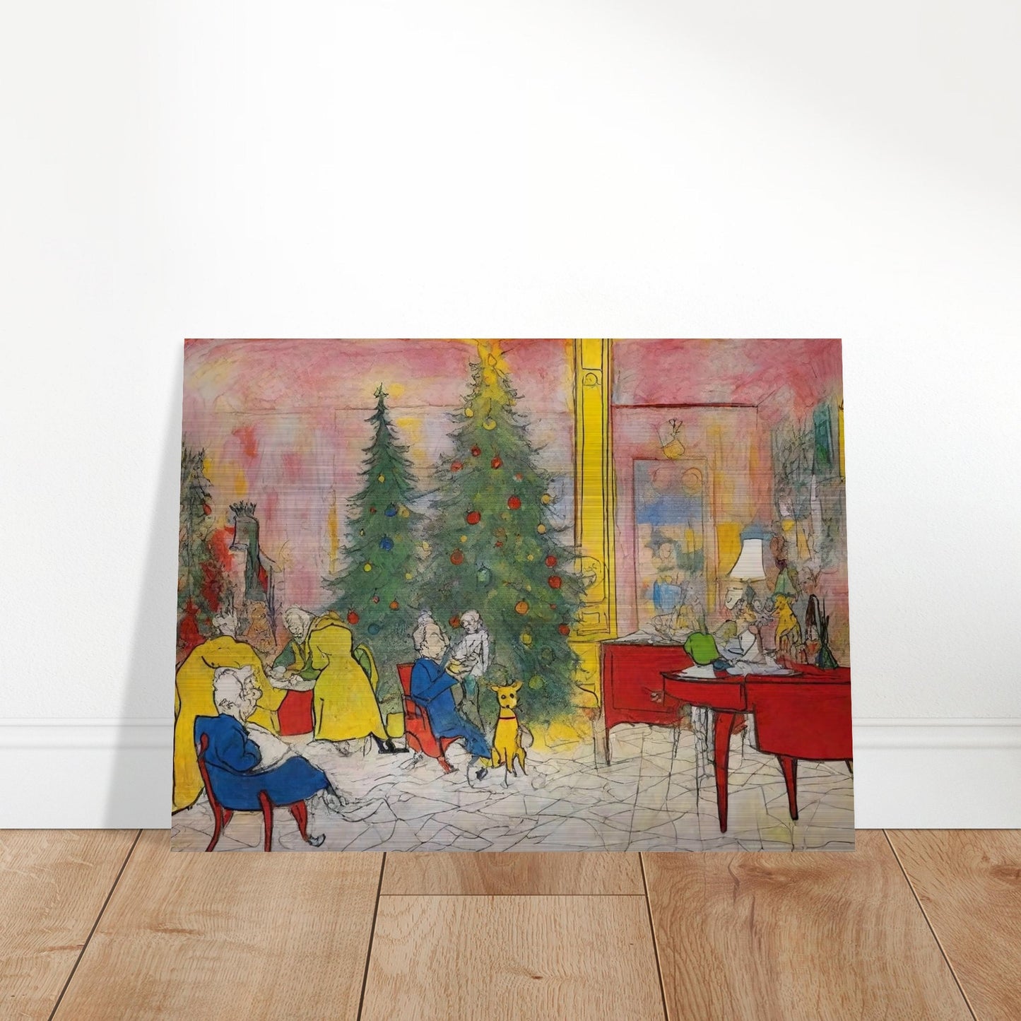 A cozy holiday scene featuring family members and pets gathered around a decorated Christmas tree in a colorful living room, capturing the warmth and joy of the season.
