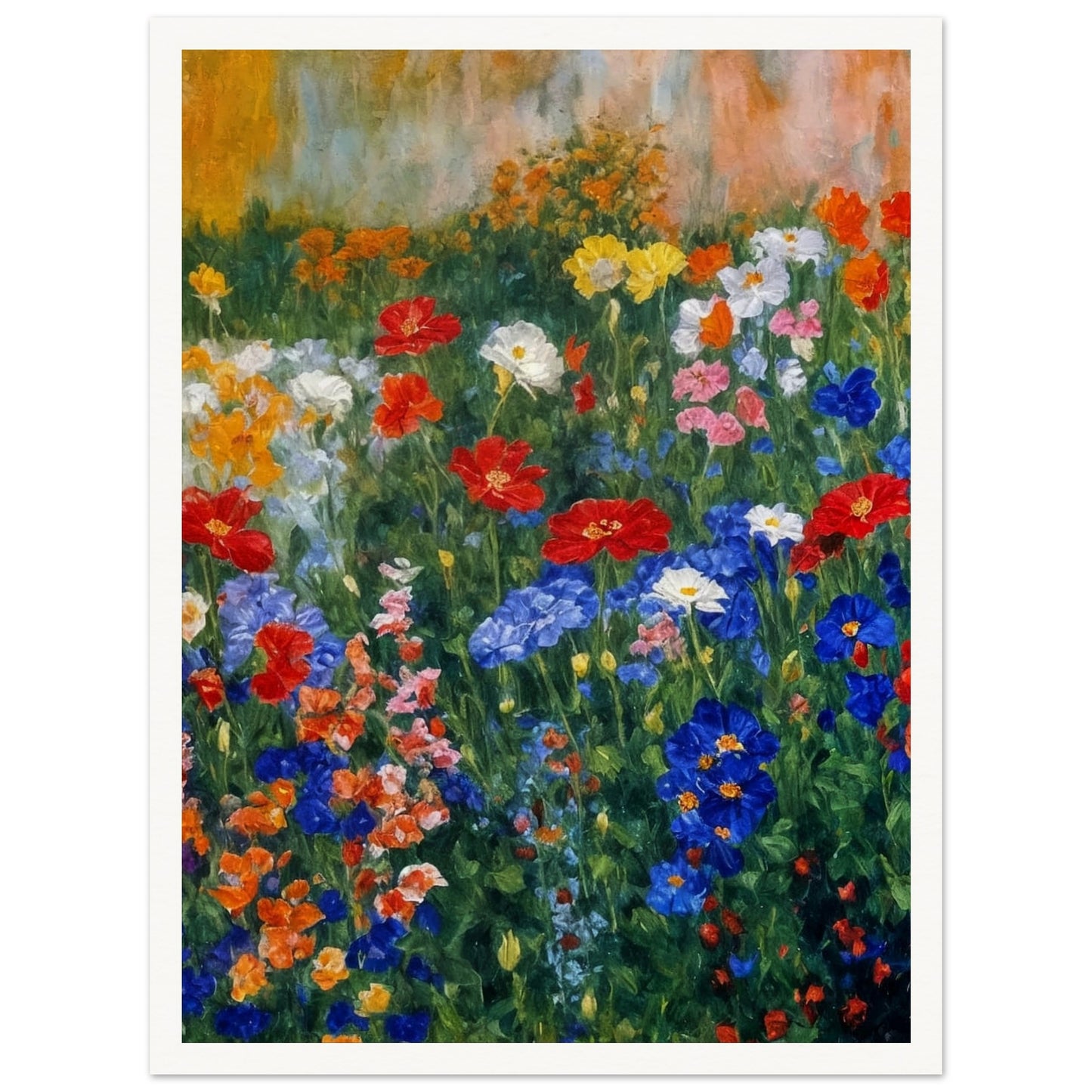 Colorful painting of a blooming garden filled with various flowers in red, blue, and yellow hues against a soft, textured background