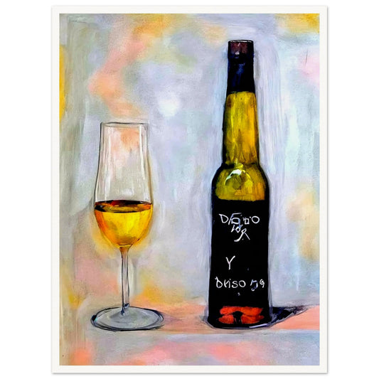 A golden-hued glass of wine beside a dark wine bottle on a colorful, textured background, evoking warmth and indulgence.