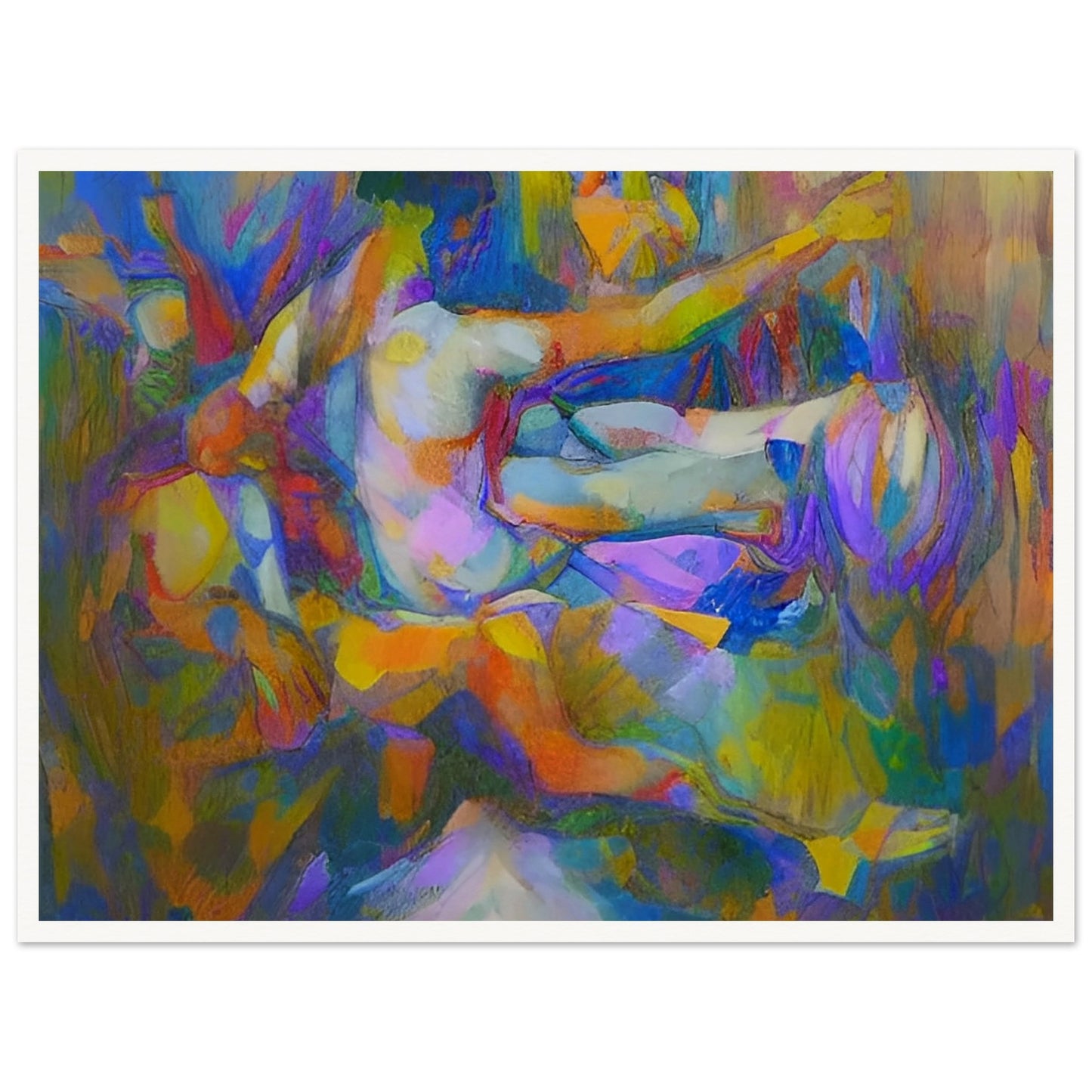 An abstract painting of human figures with vibrant, dynamic colors and forms creating a sense of movement and energy.